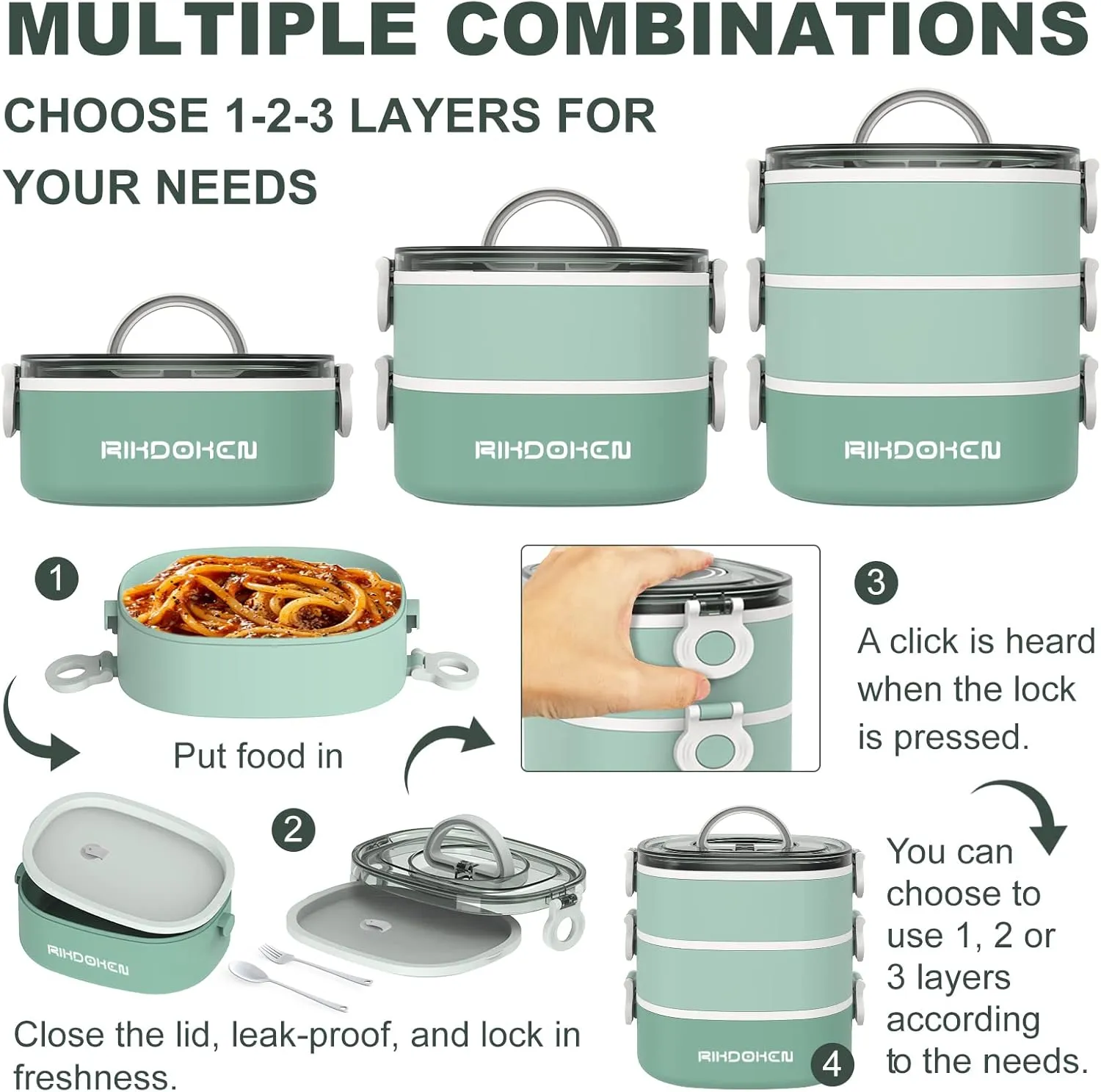 Lunch Box, Stackable 3 Layers Containers, Portable 94OZ Large Capacity Leakproof Bento Box with Spoon & Fork & Sauce Boxes, Microwave Safe Lunch Box for Kids and Adults