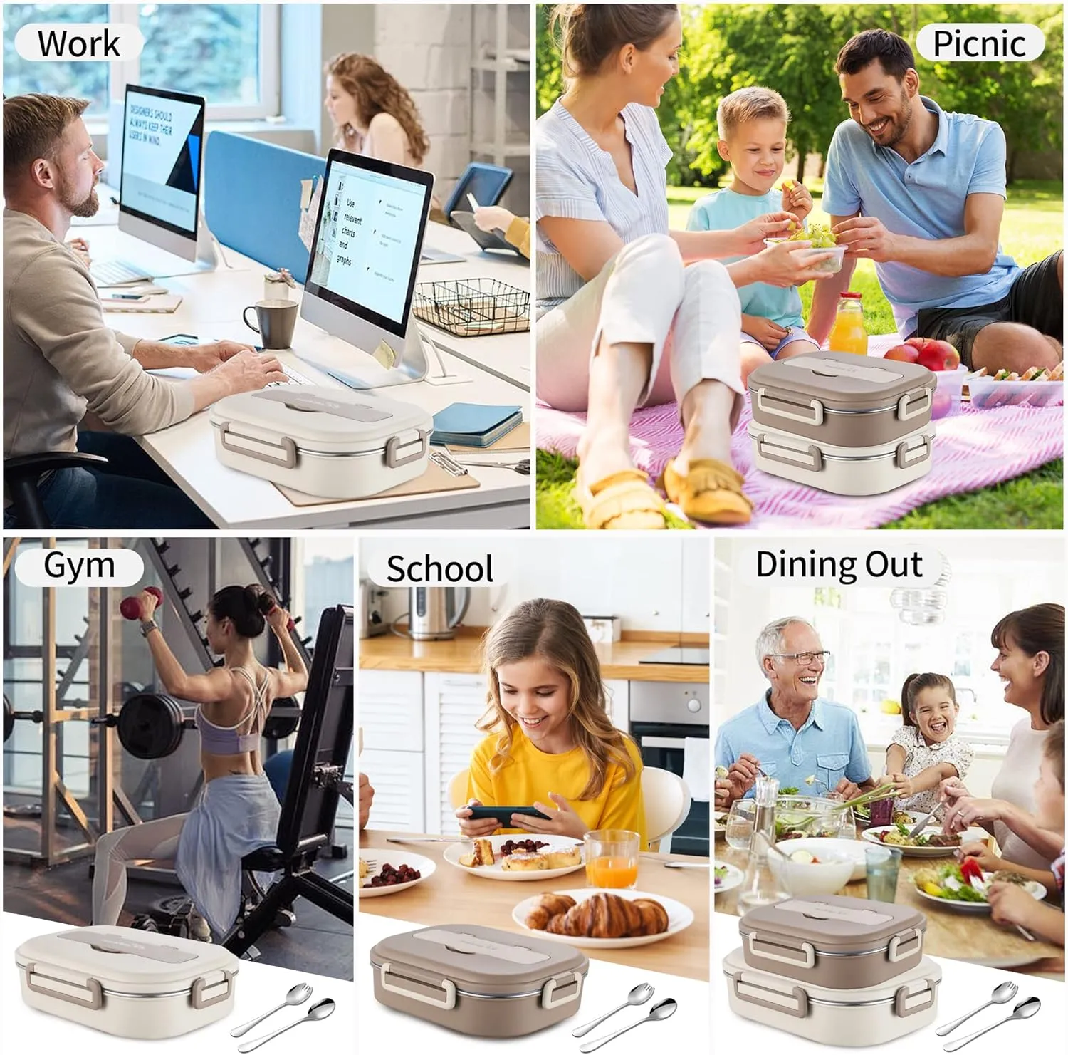 Lunch Box,1000ml Stainless Steel Bento Box,Versatile 3-Compartment Portable Lunch Box Container-Salad Lunch Containers for Adults/Kids with Spoon Fork Thermos Bag Accessories (Creamy White)