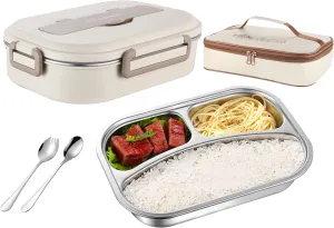 Lunch Box,1000ml Stainless Steel Bento Box,Versatile 3-Compartment Portable Lunch Box Container-Salad Lunch Containers for Adults/Kids with Spoon Fork Thermos Bag Accessories (Creamy White)