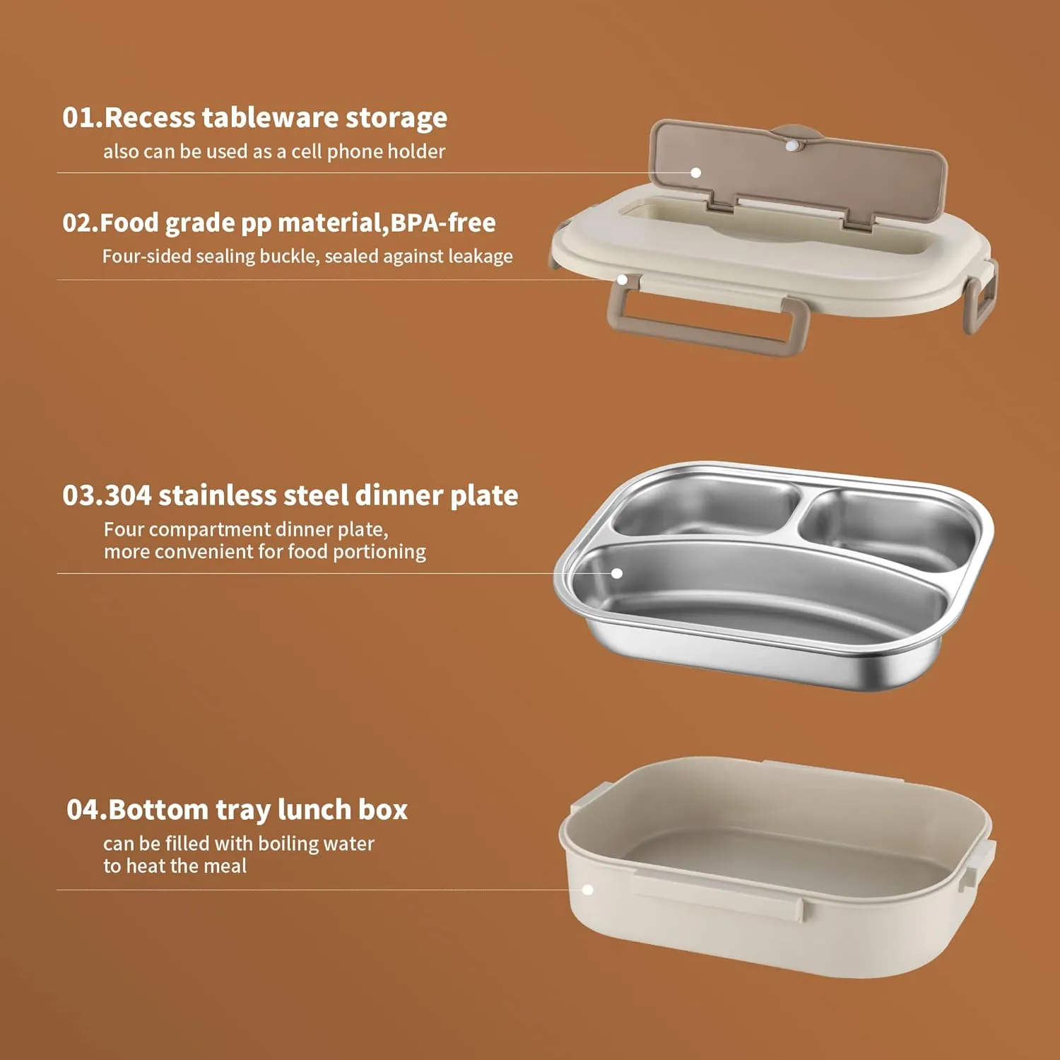 Lunch Box,1000ml Stainless Steel Bento Box,Versatile 3-Compartment Portable Lunch Box Container-Salad Lunch Containers for Adults/Kids with Spoon Fork Thermos Bag Accessories (Creamy White)