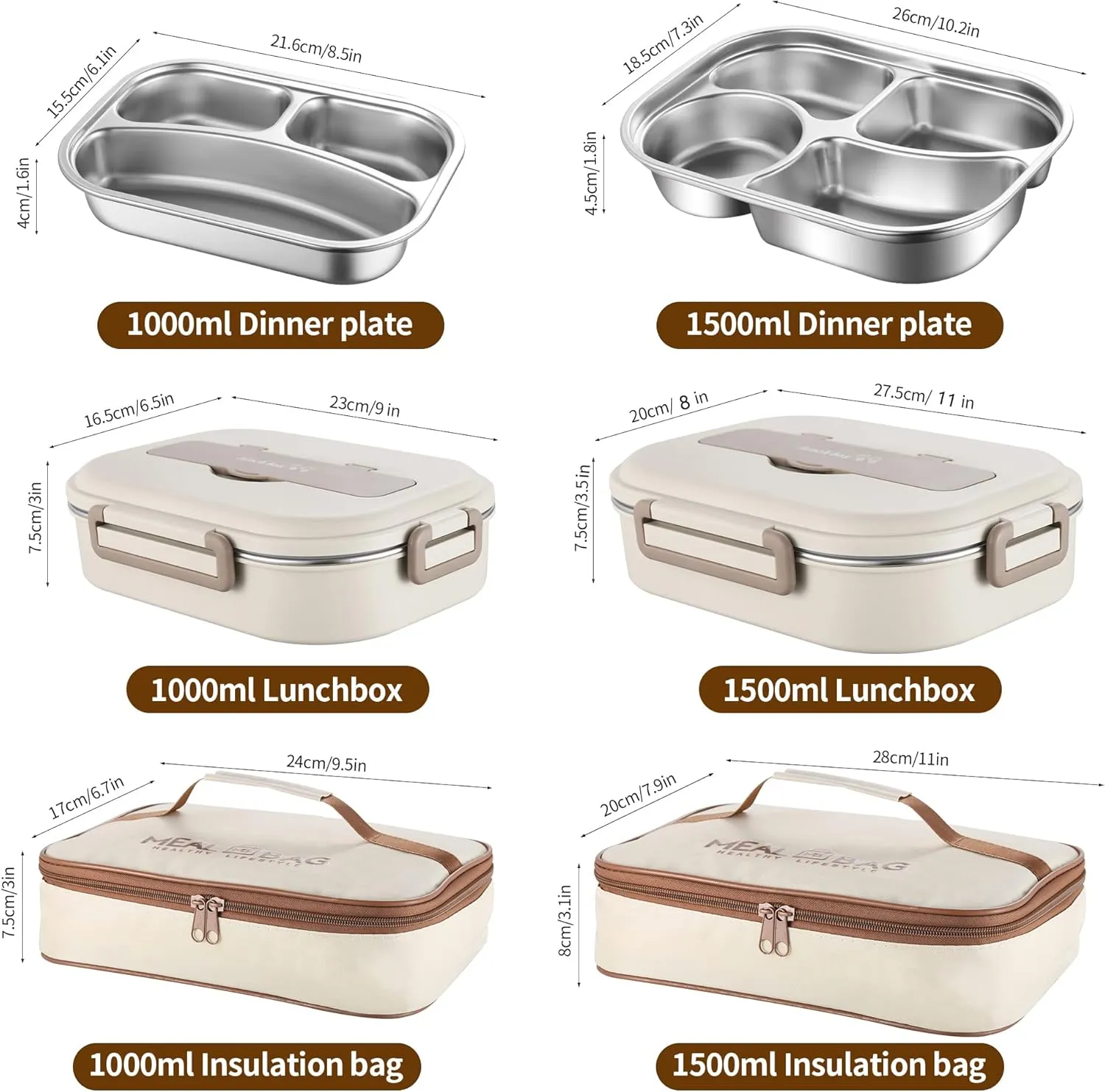 Lunch Box,1000ml Stainless Steel Bento Box,Versatile 3-Compartment Portable Lunch Box Container-Salad Lunch Containers for Adults/Kids with Spoon Fork Thermos Bag Accessories (Creamy White)