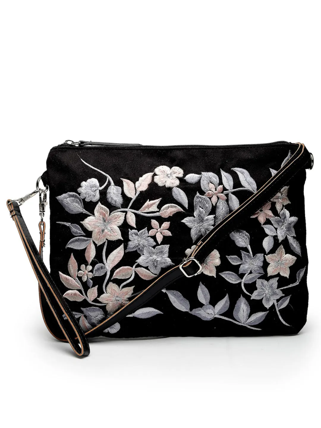 Lush Floral Embroidered Polysuede Sling Bag
