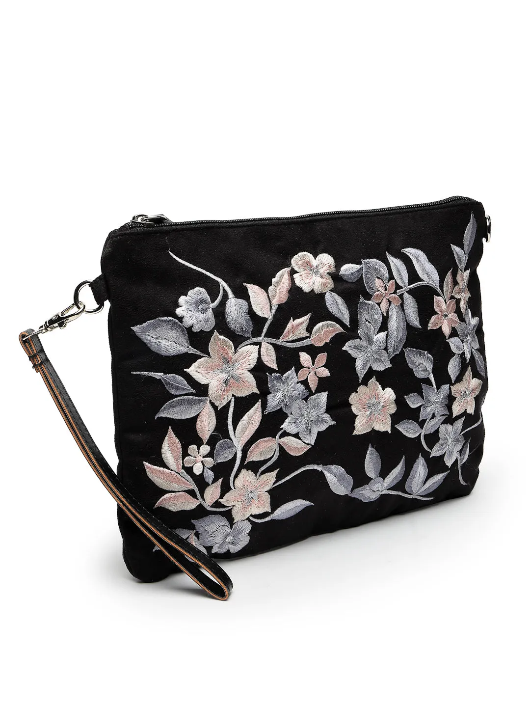 Lush Floral Embroidered Polysuede Sling Bag