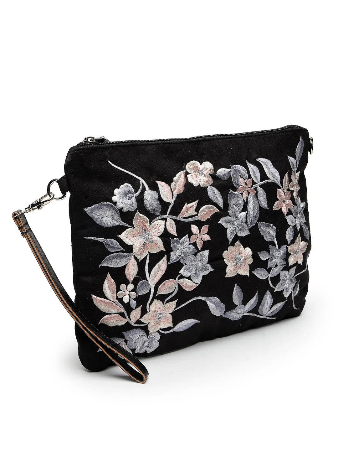 Lush Floral Embroidered Polysuede Sling Bag