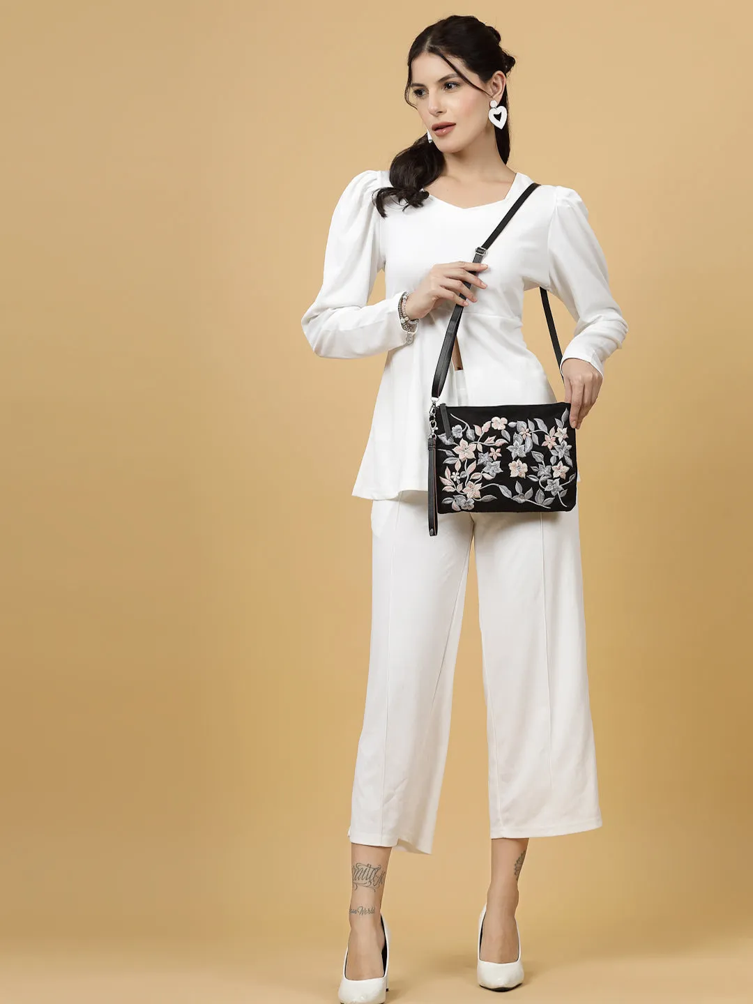 Lush Floral Embroidered Polysuede Sling Bag