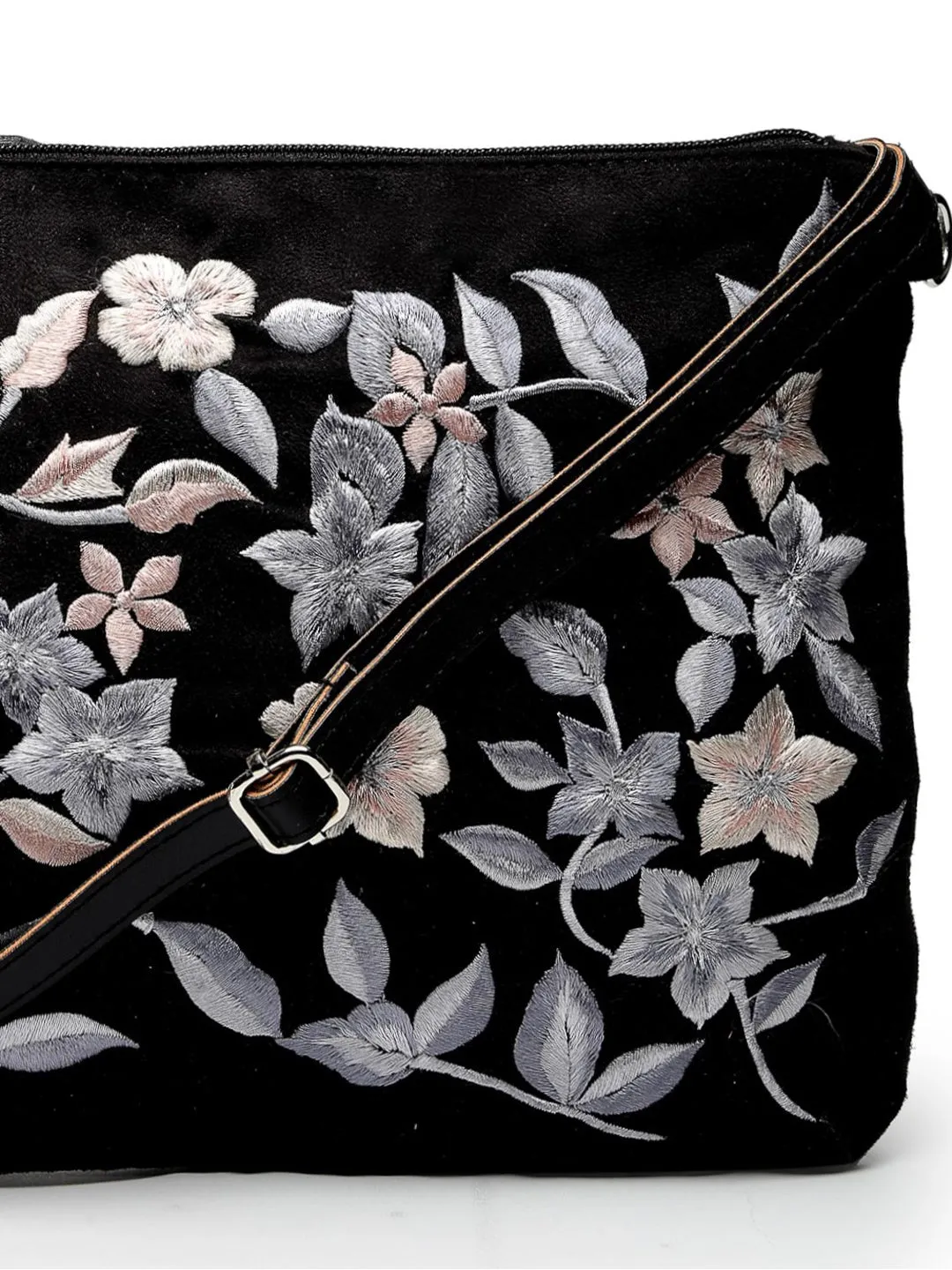Lush Floral Embroidered Polysuede Sling Bag
