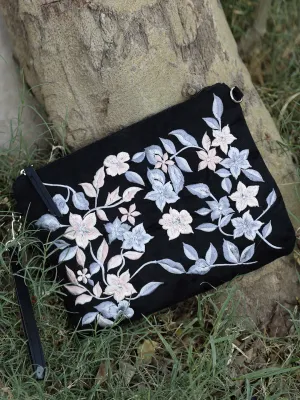 Lush Floral Embroidered Polysuede Sling Bag