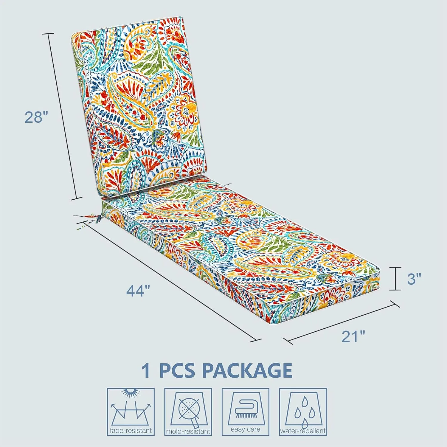 LVTXIII Outdoor Chaise Lounge Cushion, 72 x 21 x 3 Inch Patio Water-Repellent Lounge Chair Seat Cushions for Garden, Furniture, Home Decor, Paisley Multi