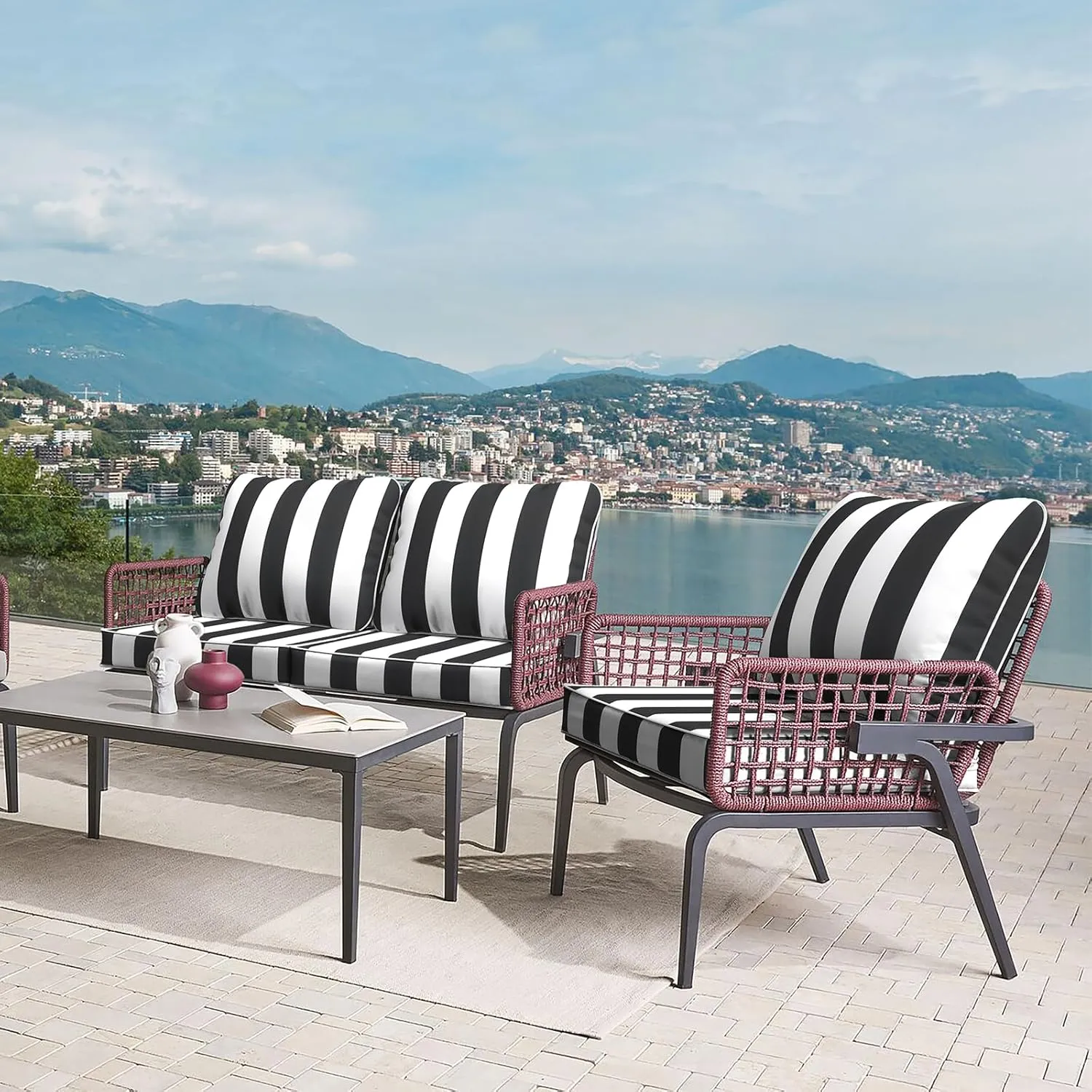 LVTXIII Outdoor Deep Seat Cushion Patio Seat and Back Cushion Set Seasonal Chair Cushion with Removable Cover and Adjustable Buckle for Home and Garden, 24"x24"x4", Cabana Black
