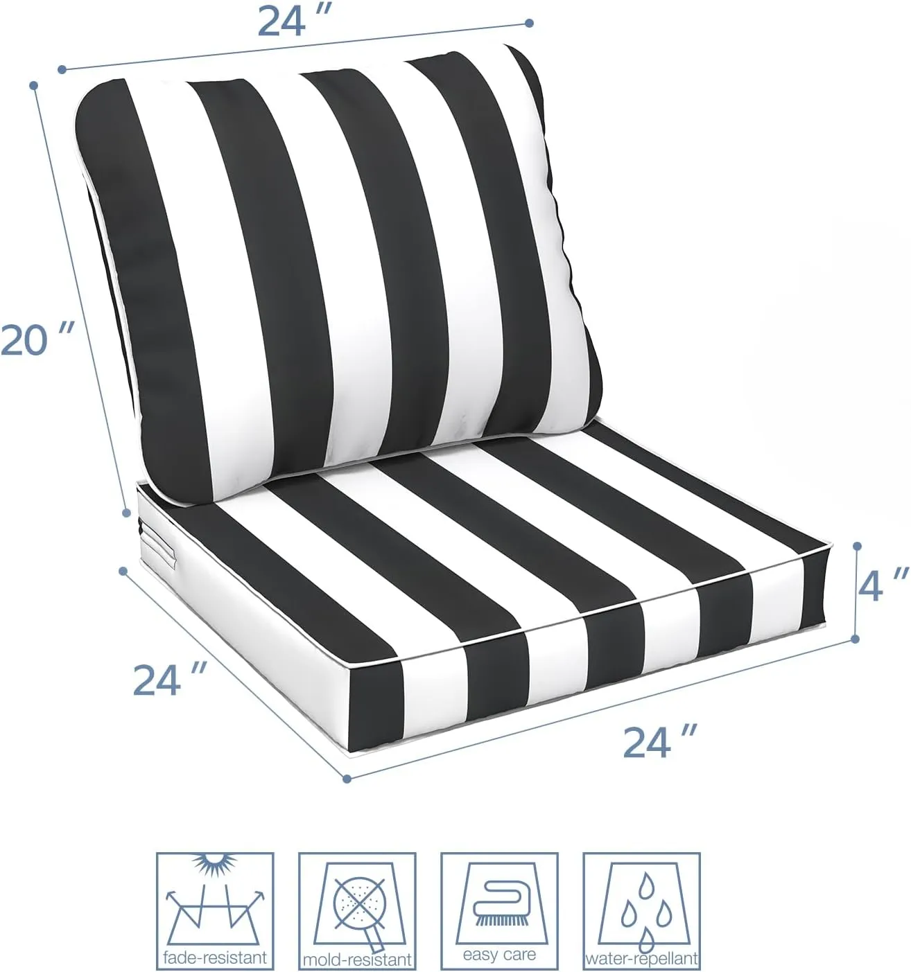LVTXIII Outdoor Deep Seat Cushion Patio Seat and Back Cushion Set Seasonal Chair Cushion with Removable Cover and Adjustable Buckle for Home and Garden, 24"x24"x4", Cabana Black