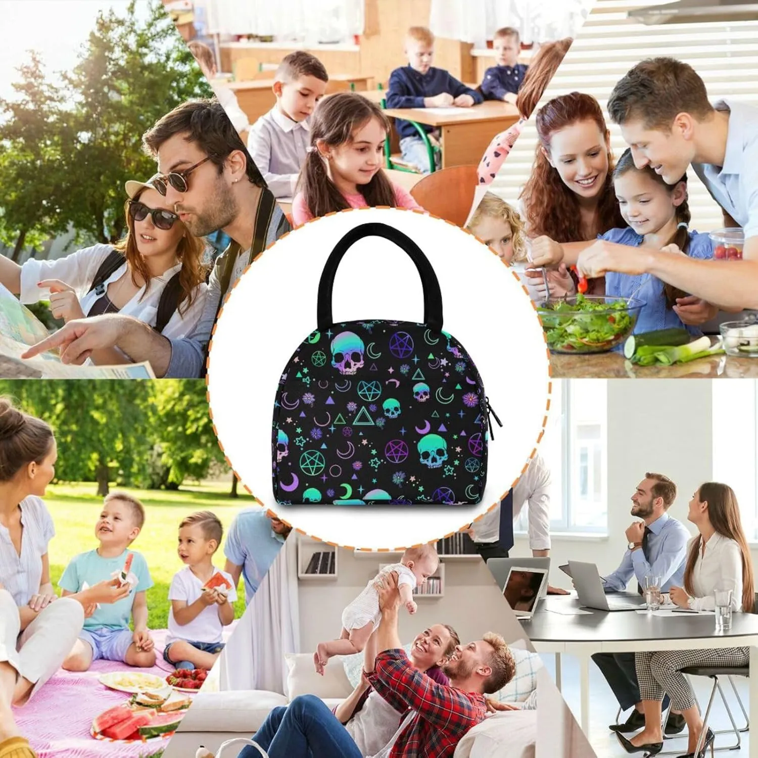 Magic Skull Lunch Bag for Women Girls Kids Men Reusable Insulated Lunch Tote Bag for Office Work School Picnic Hiking