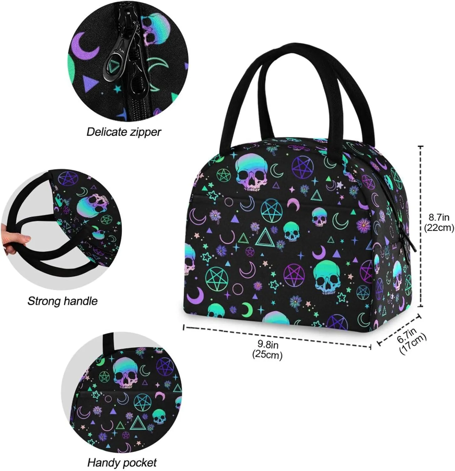 Magic Skull Lunch Bag for Women Girls Kids Men Reusable Insulated Lunch Tote Bag for Office Work School Picnic Hiking