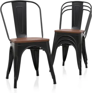 Magshion Dining Chair Set of 4, Classic Iron Metal High Backrest Chair with Wood Top, Industrial Vintage Stackable Metal Chairs, 16.5 Inch Counter Bar Chairs for Home Kitchen and Cafe Bar Use