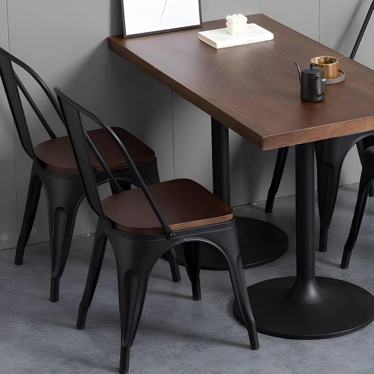 Magshion Dining Chair Set of 4, Classic Iron Metal High Backrest Chair with Wood Top, Industrial Vintage Stackable Metal Chairs, 16.5 Inch Counter Bar Chairs for Home Kitchen and Cafe Bar Use