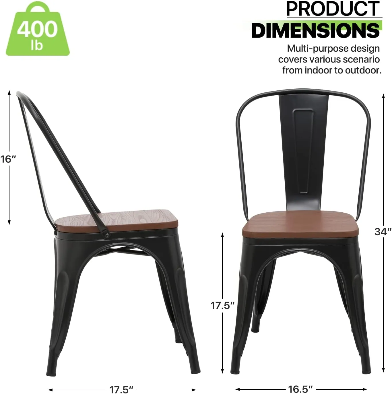 Magshion Dining Chair Set of 4, Classic Iron Metal High Backrest Chair with Wood Top, Industrial Vintage Stackable Metal Chairs, 16.5 Inch Counter Bar Chairs for Home Kitchen and Cafe Bar Use
