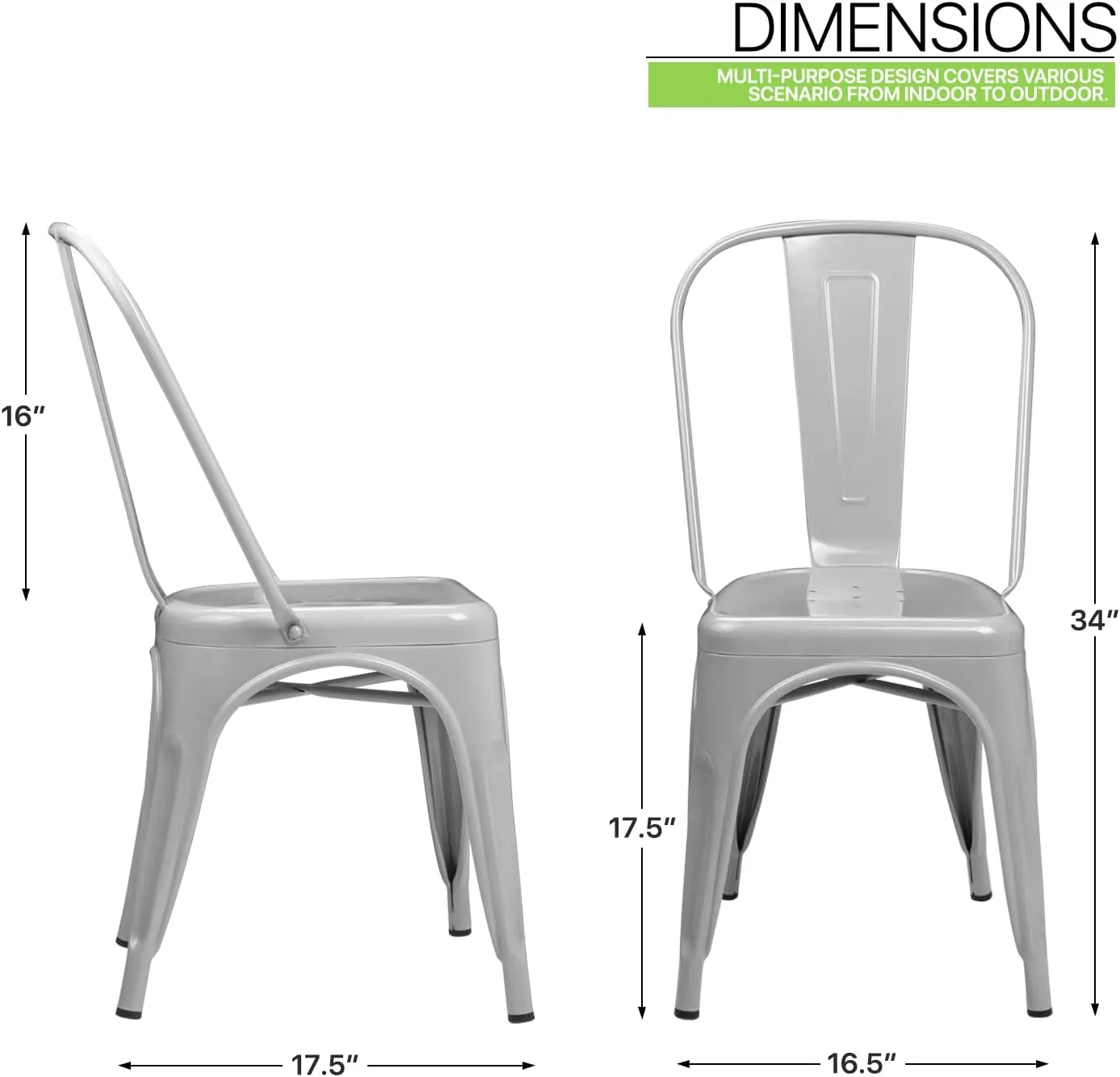 Magshion Stackable Metal Dining Chairs, 4 Pieces Indoor Outdoor Chairs Seating 18 Inch High-Back Dining Chair for Kitchen Dining Room Restaurant Bistro Patio, Grey