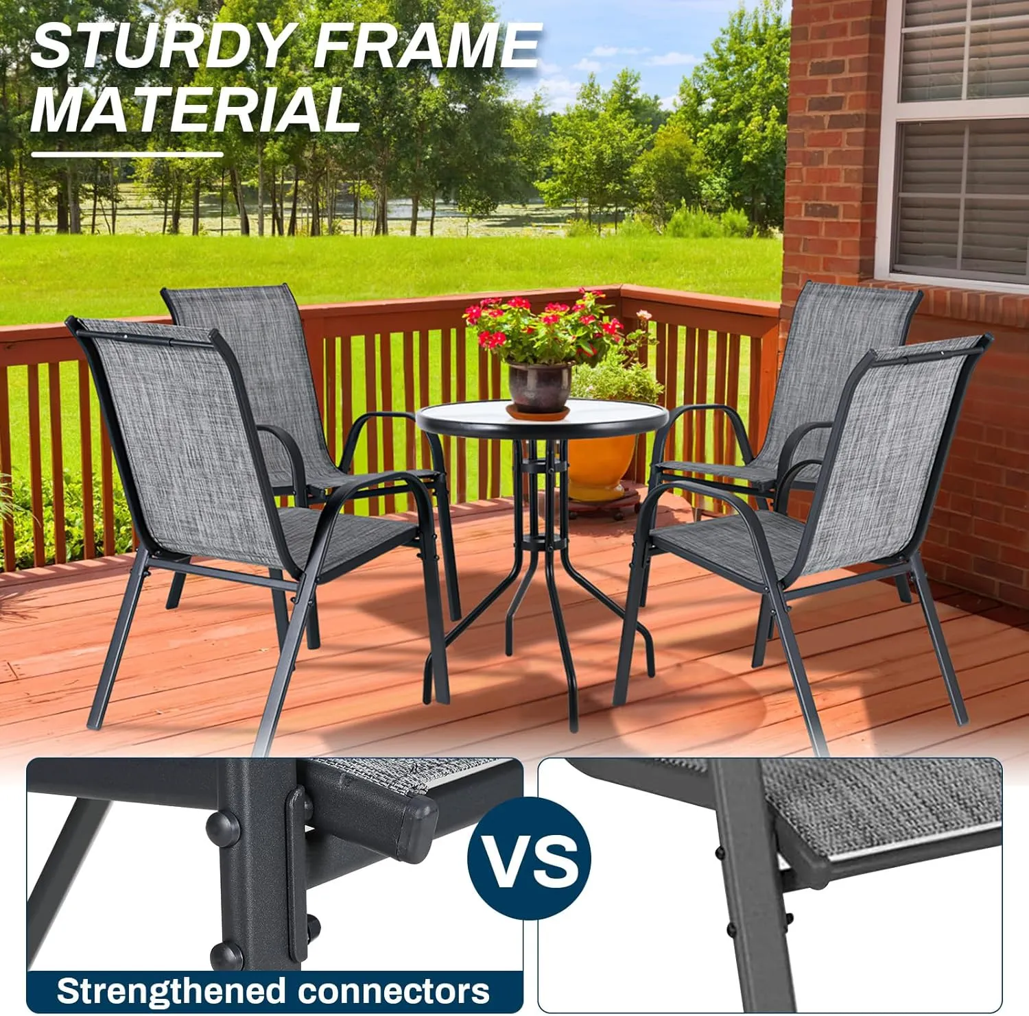 MAMIZO 4 Pcs Patio Dining Chairs, Stackable All Weather Teslin Chair, Heavy Duty Outdoor Breathable Chairs Set, w/Armrests, Upgraded Chair FeetW/Strenthened Iron Spacers,for Garden,330 LBS (Grey)