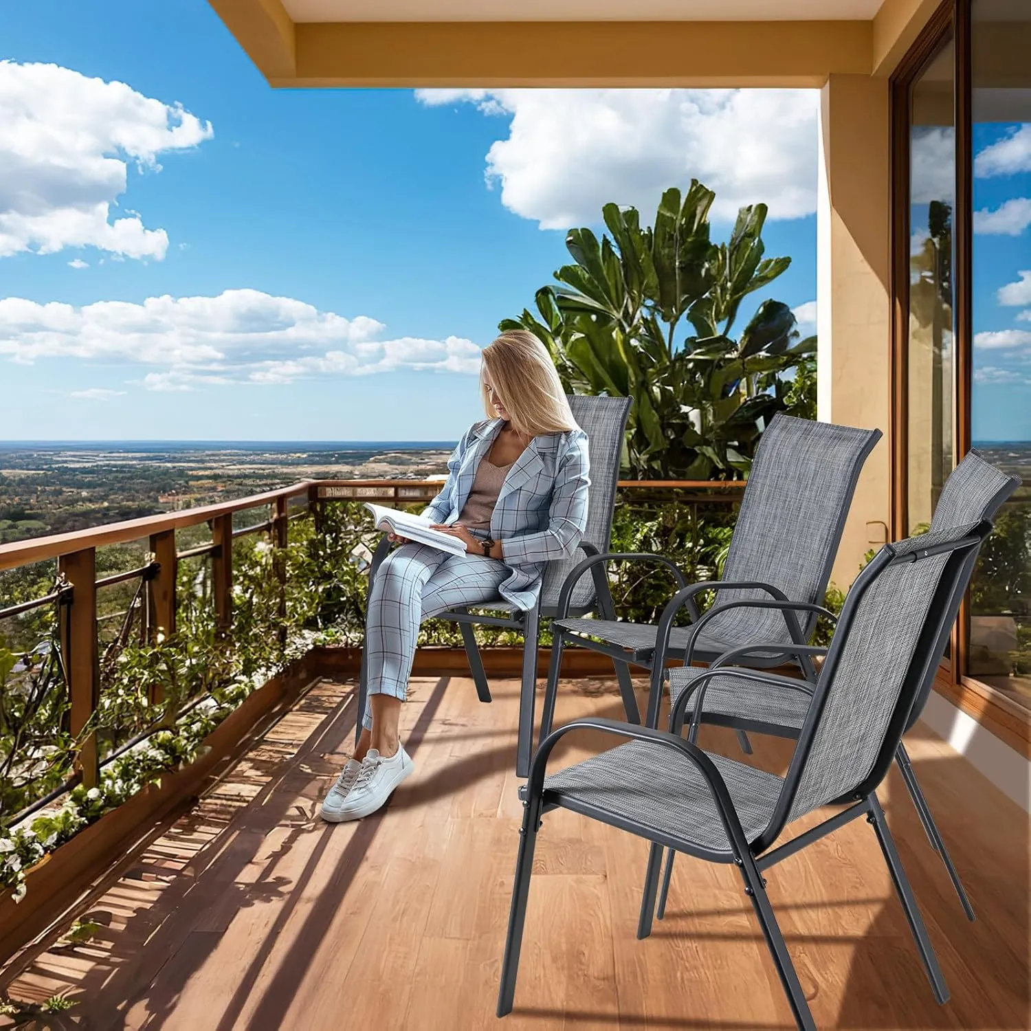 MAMIZO 4 Pcs Patio Dining Chairs, Stackable All Weather Teslin Chair, Heavy Duty Outdoor Breathable Chairs Set, w/Armrests, Upgraded Chair FeetW/Strenthened Iron Spacers,for Garden,330 LBS (Grey)