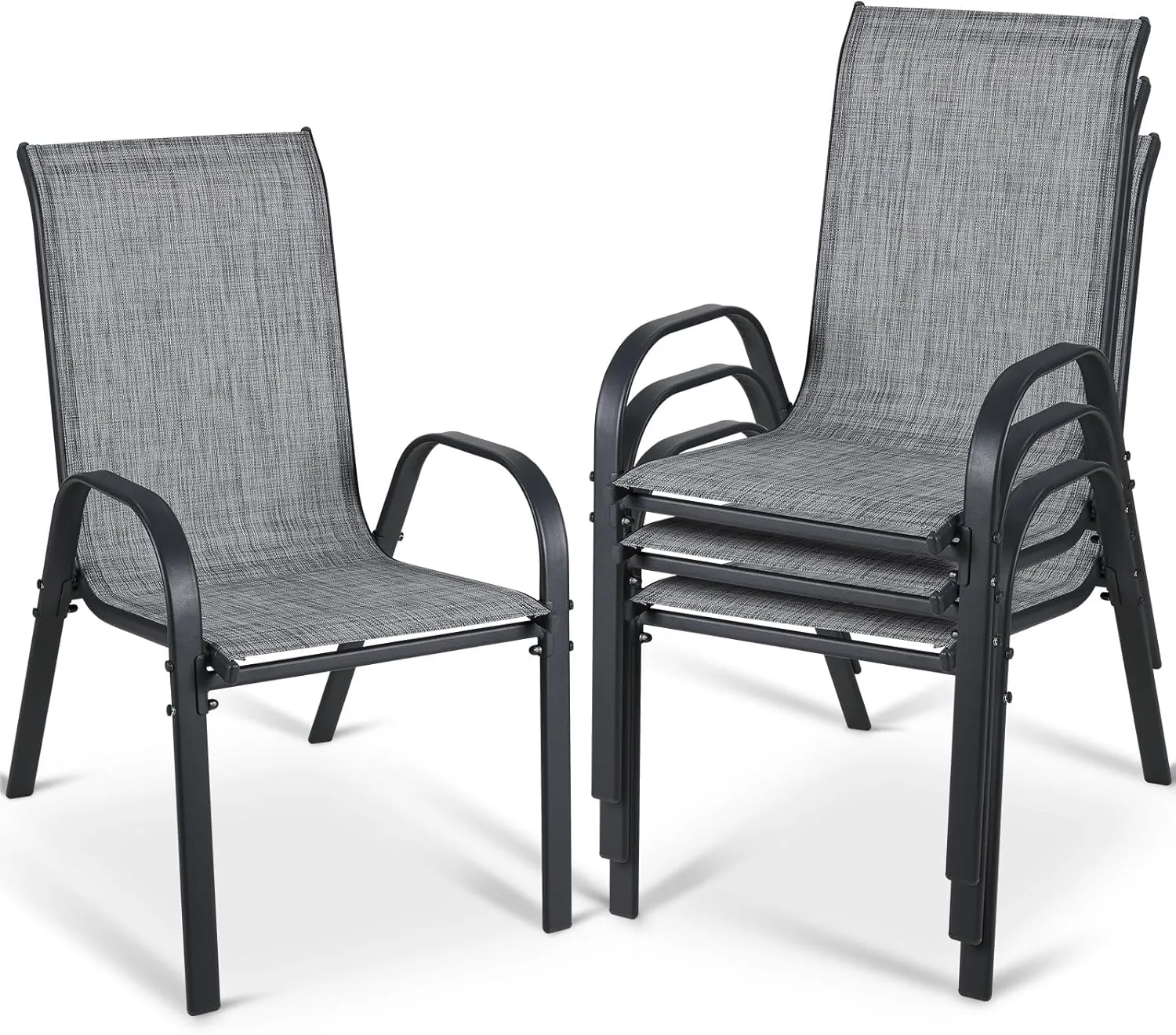MAMIZO 4 Pcs Patio Dining Chairs, Stackable All Weather Teslin Chair, Heavy Duty Outdoor Breathable Chairs Set, w/Armrests, Upgraded Chair FeetW/Strenthened Iron Spacers,for Garden,330 LBS (Grey)