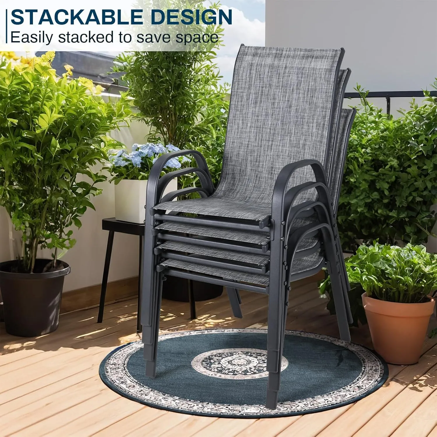 MAMIZO 4 Pcs Patio Dining Chairs, Stackable All Weather Teslin Chair, Heavy Duty Outdoor Breathable Chairs Set, w/Armrests, Upgraded Chair FeetW/Strenthened Iron Spacers,for Garden,330 LBS (Grey)