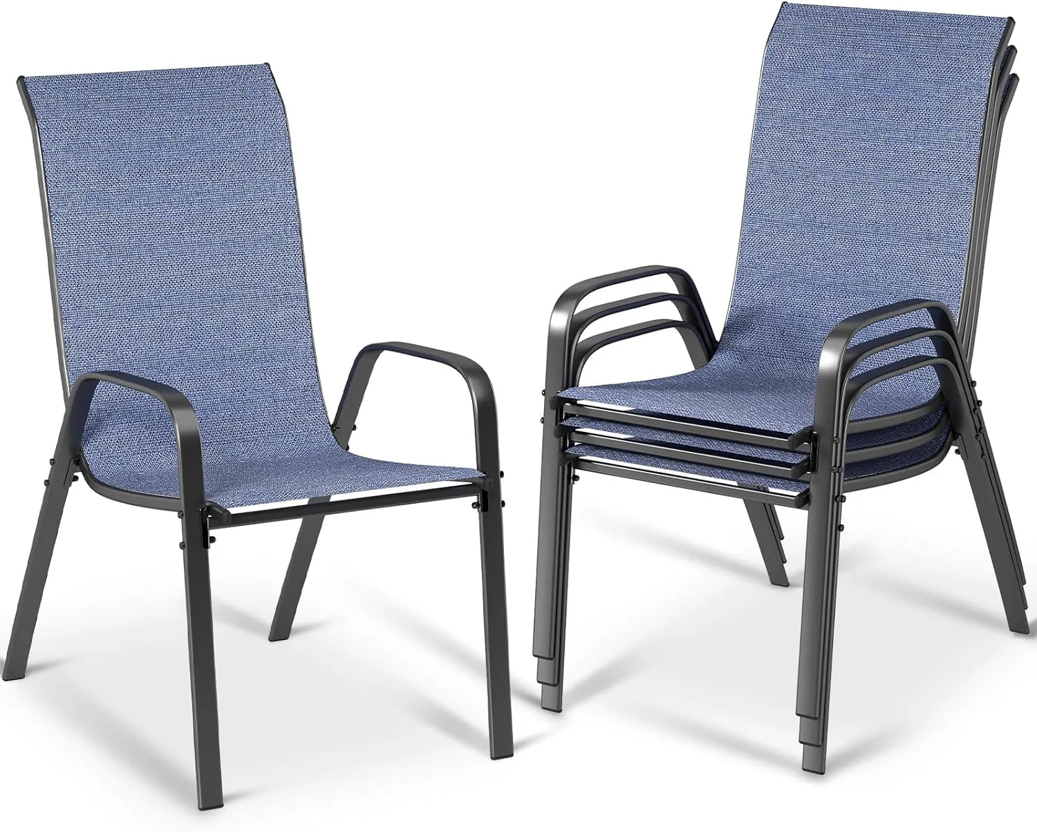 MAMIZO 4 Pcs Patio Dining Chairs, Stackable All Weather Teslin Chair, Heavy Duty Outdoor Chairs Set, w/Armrests, Upgraded Chair FeetW/Strenthened Iron Spacers,for Garden,330 LBS (Navy Blue)