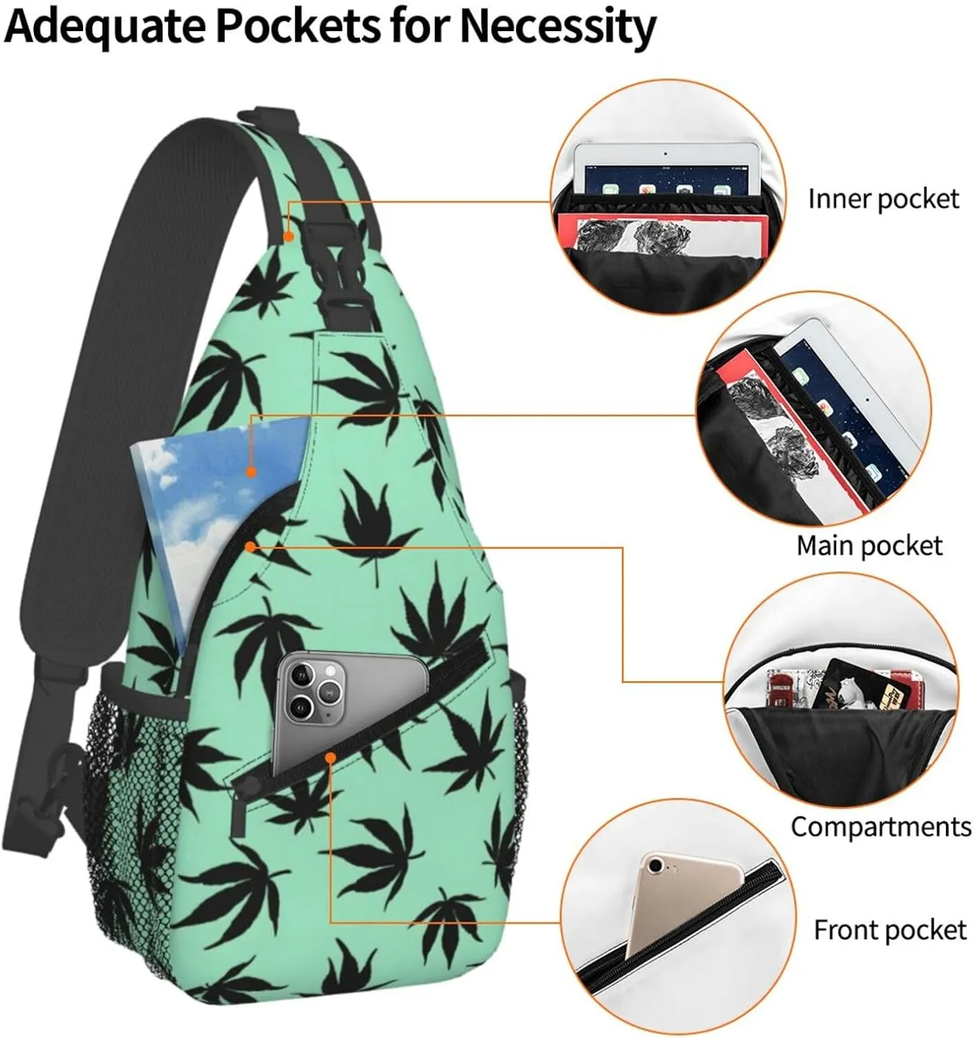 Marijuana Color Crossbody Backpack Travel Sling Shoulder Bag For Men Women Adjustable Hiking Daypack