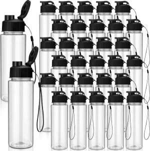 Maxcheck 30 Pieces 17 oz Plastic Water Bottle Bulk with Handle Strap Lightweight Leakproof Drink Flip Top Bottles for Adults Fitness Gym (Black)