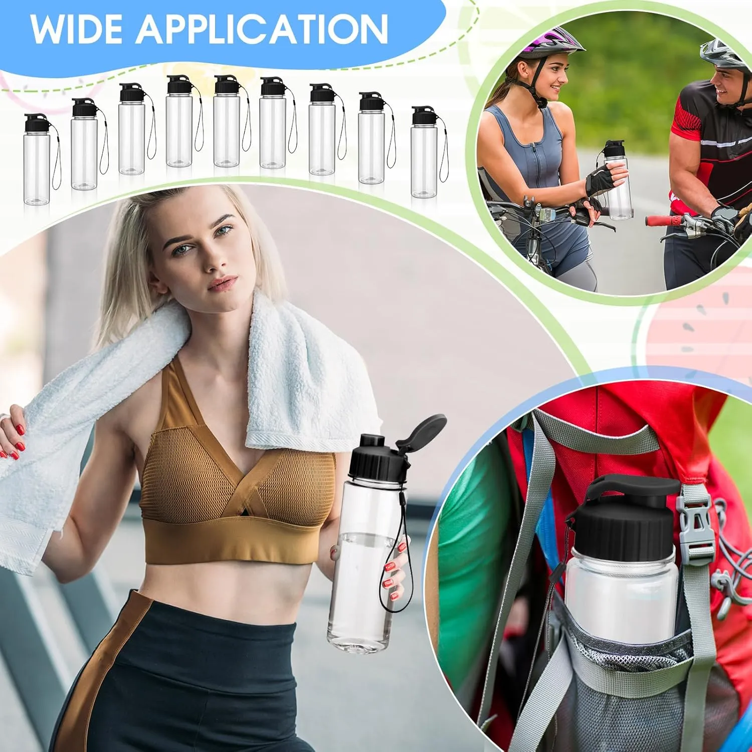 Maxcheck 30 Pieces 17 oz Plastic Water Bottle Bulk with Handle Strap Lightweight Leakproof Drink Flip Top Bottles for Adults Fitness Gym (Black)