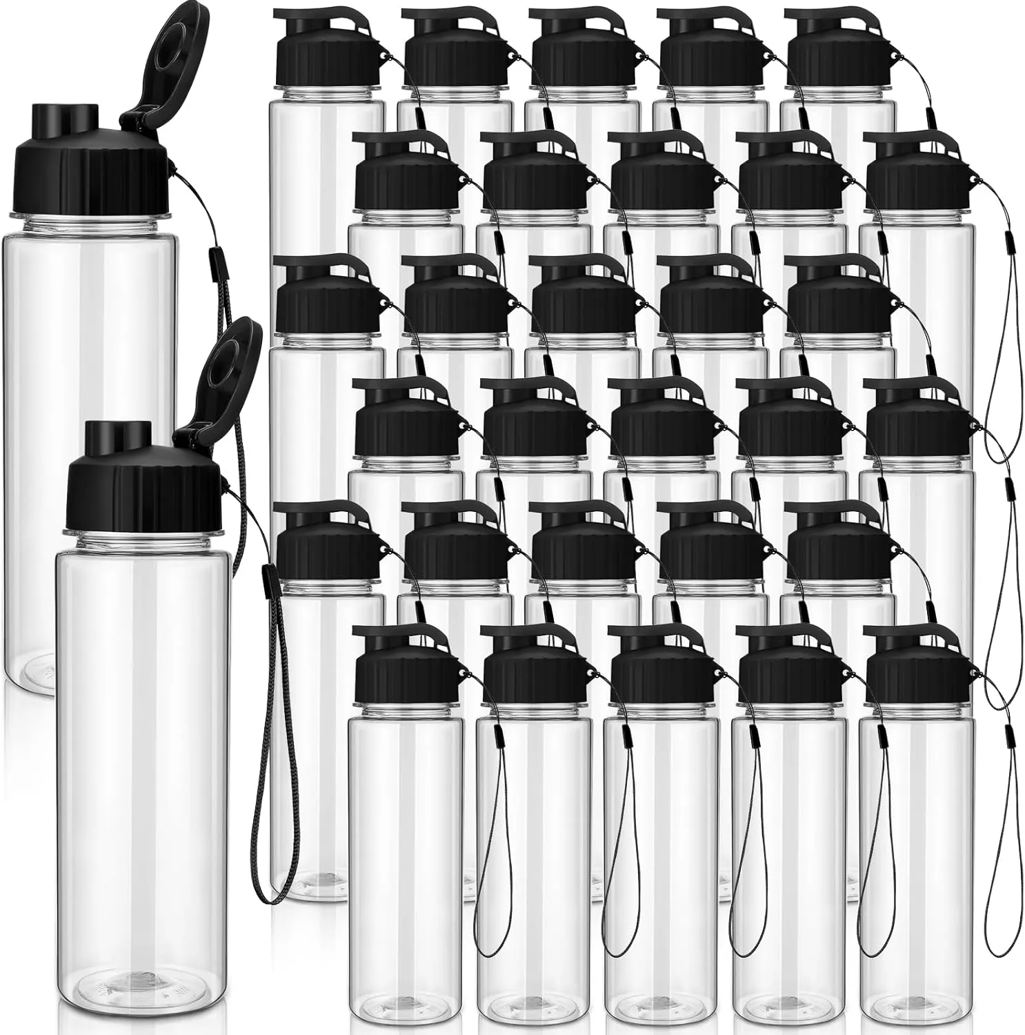 Maxcheck 30 Pieces 17 oz Plastic Water Bottle Bulk with Handle Strap Lightweight Leakproof Drink Flip Top Bottles for Adults Fitness Gym (Black)