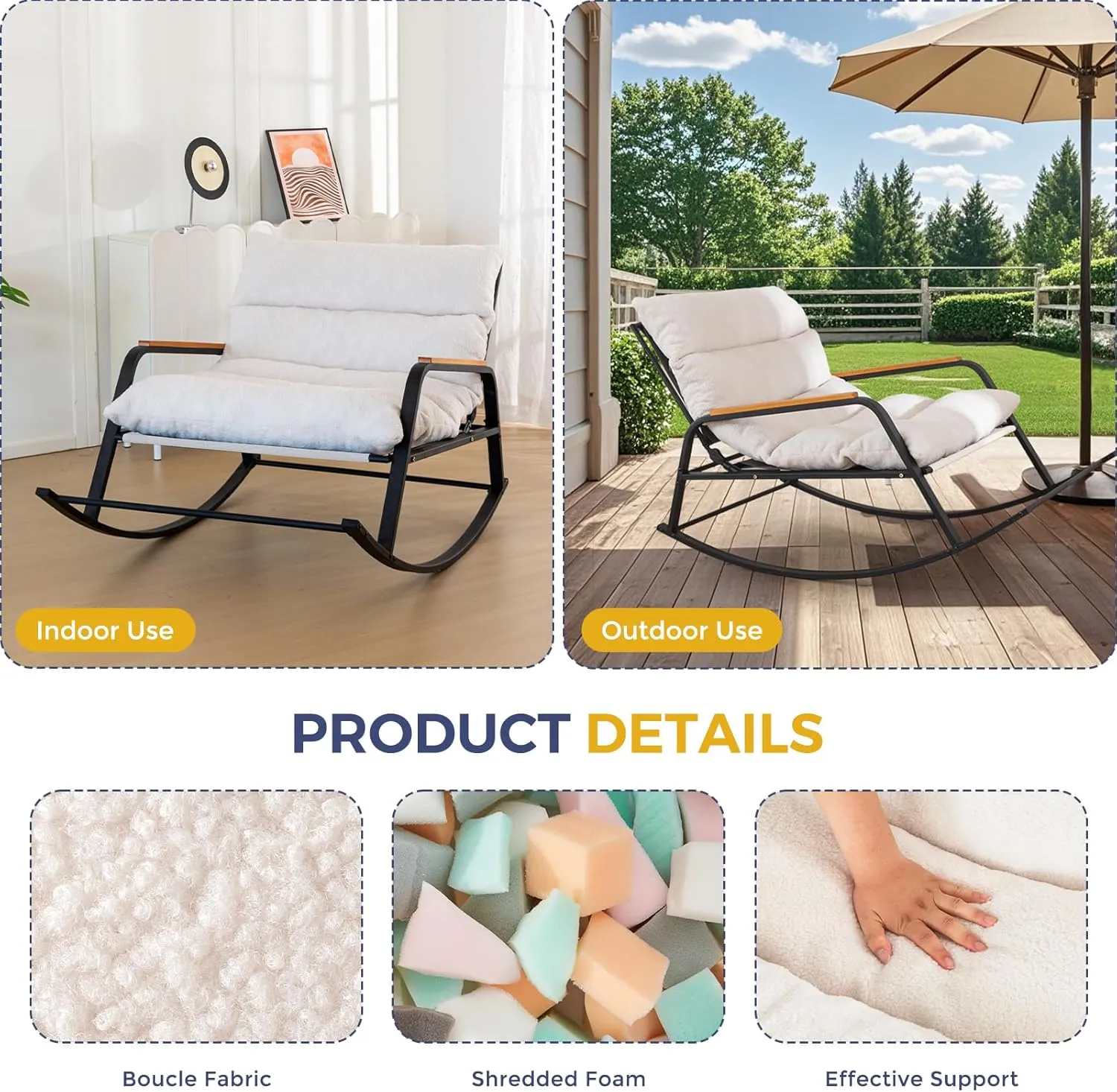 MAXYOYO Rocking Chair with Adjustable Backrest, Extra-Wide Teddy Upholstered Gliding Reclining Chair, Modern Lounger for Living Room Nursery Bedroom Outdoor, Beige