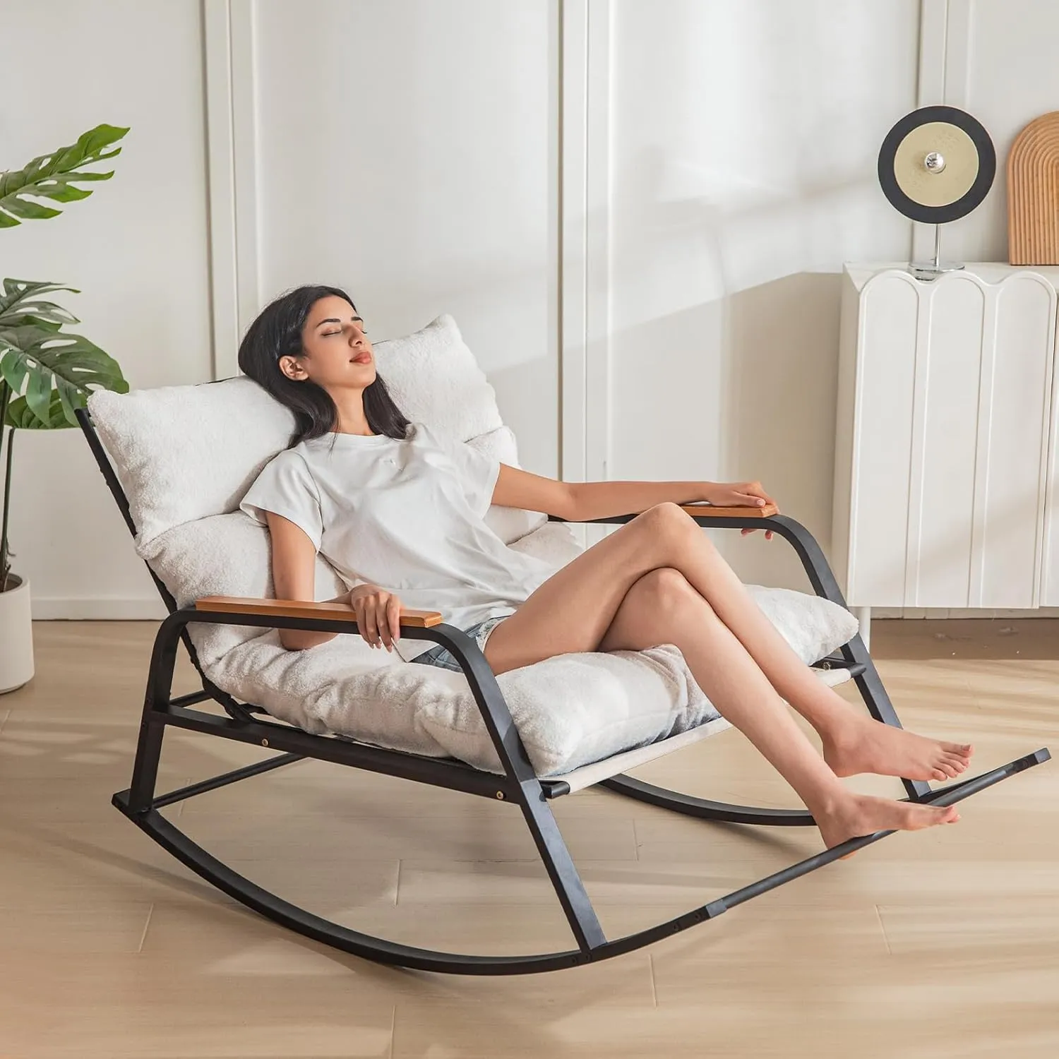 MAXYOYO Rocking Chair with Adjustable Backrest, Extra-Wide Teddy Upholstered Gliding Reclining Chair, Modern Lounger for Living Room Nursery Bedroom Outdoor, Beige