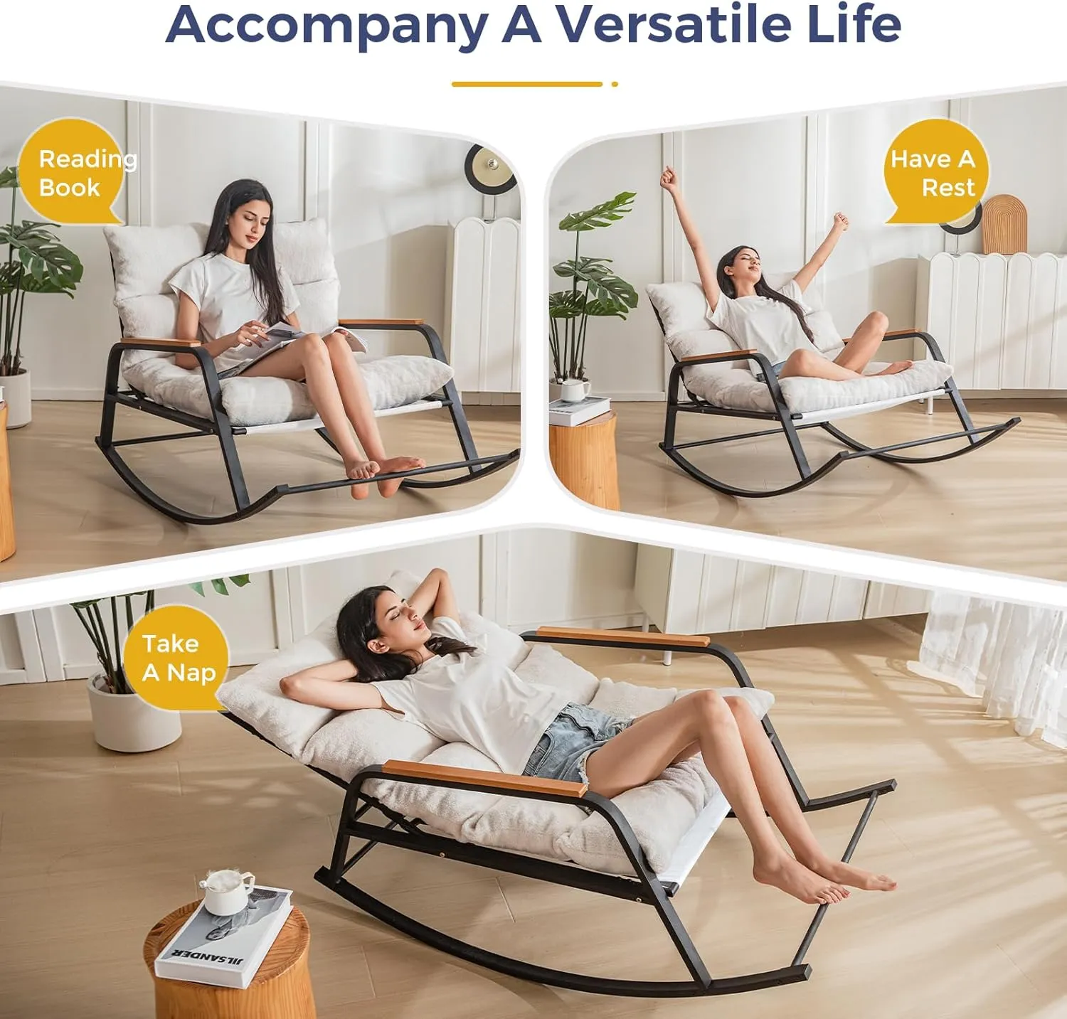 MAXYOYO Rocking Chair with Adjustable Backrest, Extra-Wide Teddy Upholstered Gliding Reclining Chair, Modern Lounger for Living Room Nursery Bedroom Outdoor, Beige