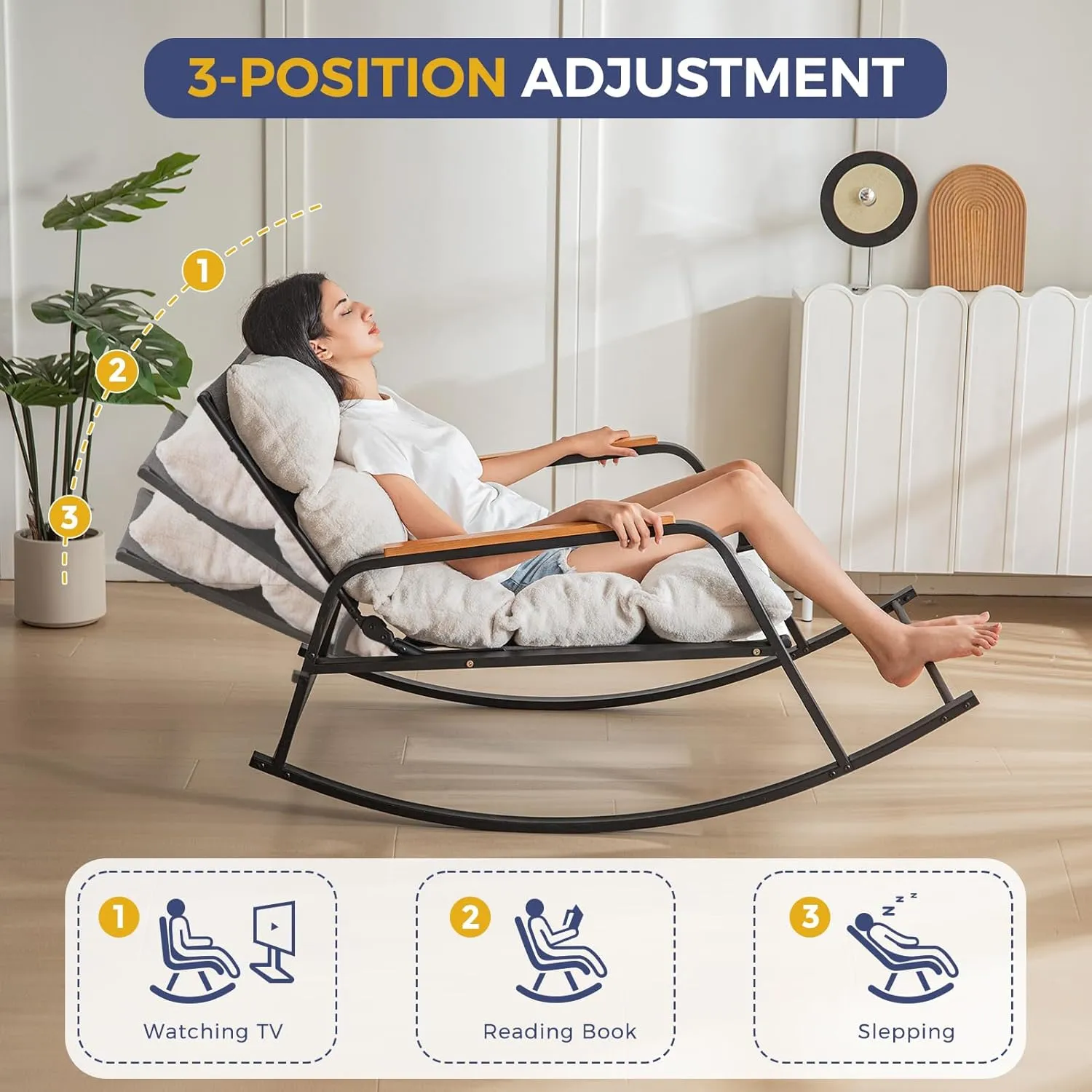 MAXYOYO Rocking Chair with Adjustable Backrest, Extra-Wide Teddy Upholstered Gliding Reclining Chair, Modern Lounger for Living Room Nursery Bedroom Outdoor, Beige