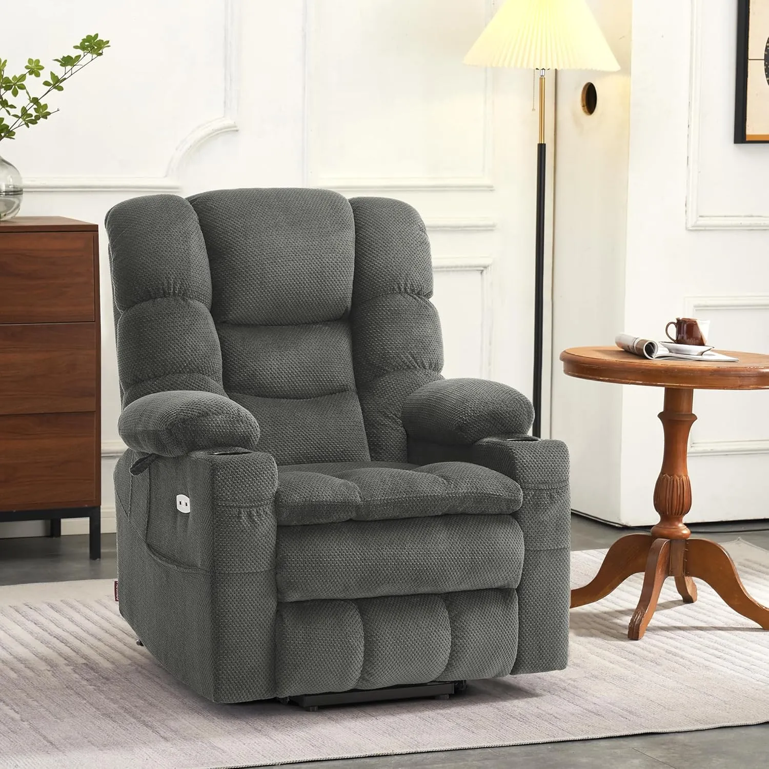 MCombo Small Triple Motor Power Lift Recliner Chair with Massage and Dual Heating, Adjustable Headrest for Petite Elderly People, Fabric 7631 (Grey, Small)