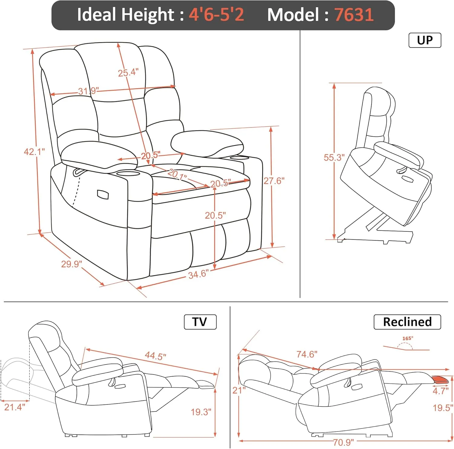 MCombo Small Triple Motor Power Lift Recliner Chair with Massage and Dual Heating, Adjustable Headrest for Petite Elderly People, Fabric 7631 (Grey, Small)