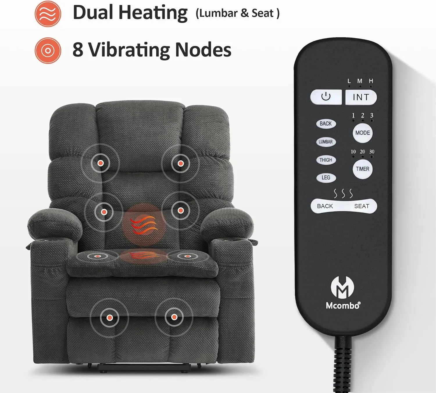 MCombo Small Triple Motor Power Lift Recliner Chair with Massage and Dual Heating, Adjustable Headrest for Petite Elderly People, Fabric 7631 (Grey, Small)