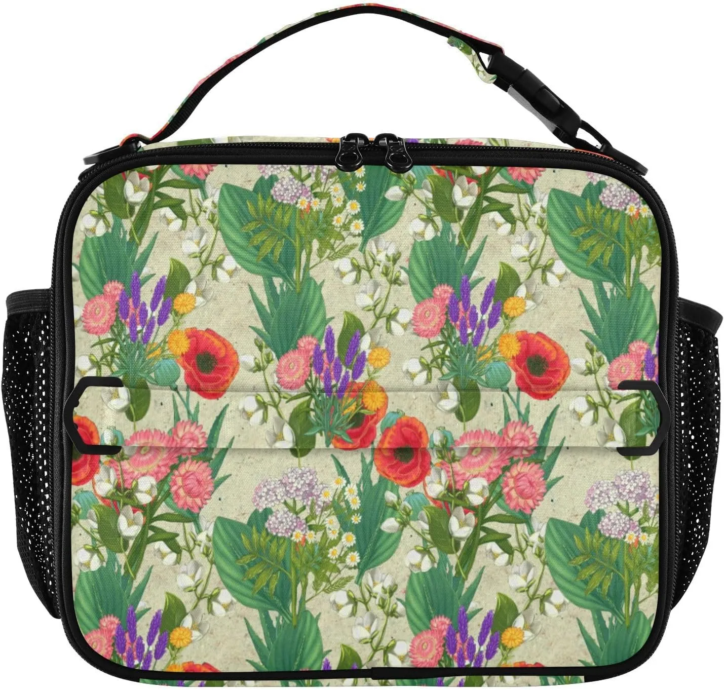 Medicinal Plant Summer Lunch Box Poppy Tropical Flowers Meal Tote Kids Lunch Bag Insulated Reusable Cooler Soft Shoulder Bag Mini Cooling Back to School