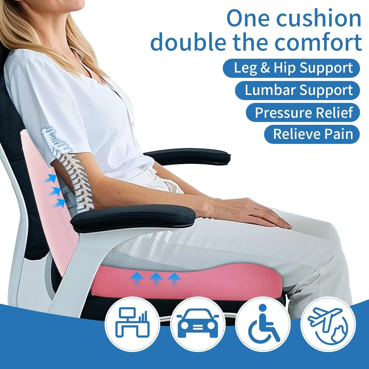 Memory Foam Seat Cushion,Office Chair Cushion with Lumbar Support for Back Pressure Relief, Car Seat Cushion with Adjustable Strap,Sciatica Pad Cushions for Car ,Truck, Desk ,Gaming Chair (Pink)