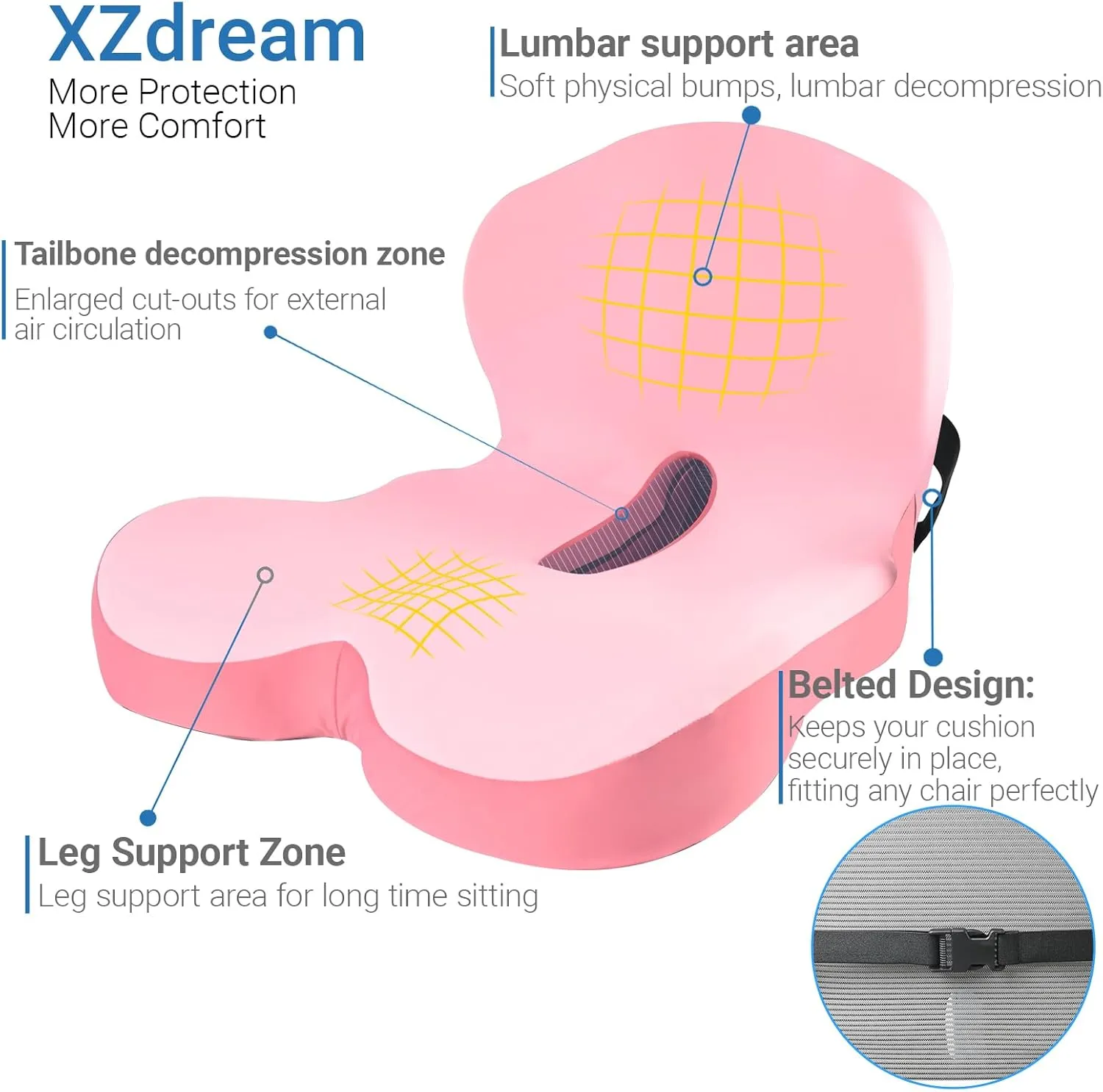 Memory Foam Seat Cushion,Office Chair Cushion with Lumbar Support for Back Pressure Relief, Car Seat Cushion with Adjustable Strap,Sciatica Pad Cushions for Car ,Truck, Desk ,Gaming Chair (Pink)