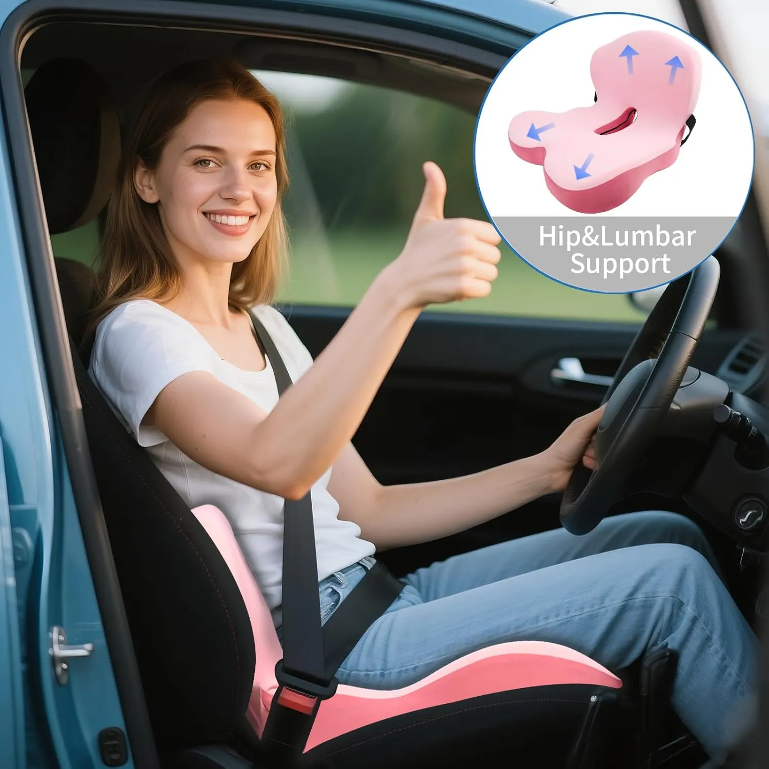 Memory Foam Seat Cushion,Office Chair Cushion with Lumbar Support for Back Pressure Relief, Car Seat Cushion with Adjustable Strap,Sciatica Pad Cushions for Car ,Truck, Desk ,Gaming Chair (Pink)