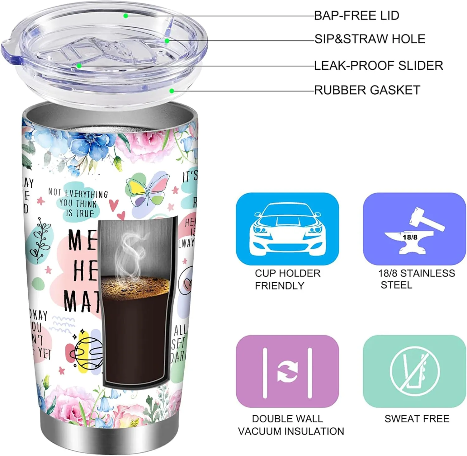 Mental Health Gifts for Women Positive Daily Affirmations Cup Tumbler 20Oz - Sobriety, Self Love, Inspirational, Motivational Gifts Coffee Travel Mugs for Women, Therapy/Counseling/Therapist Gift