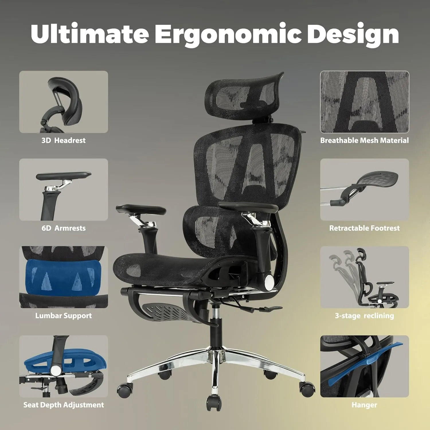 Mesh Ergonomic Office Chair with 6D Armrests,High Back Mesh Gaming Chair with Lumbar Support,Adjustable Seat Depth,3D Headrest,Footrest for Big & Tall(Black)