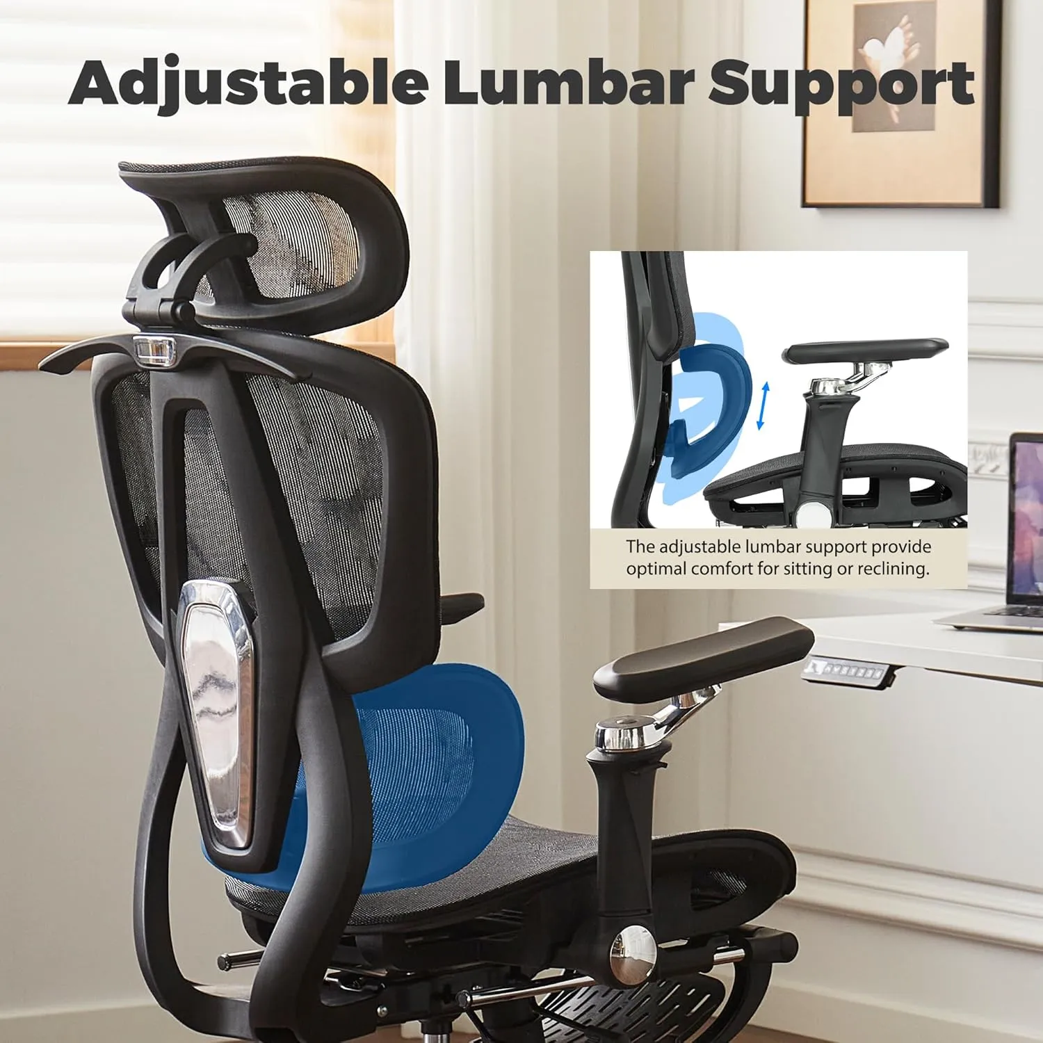 Mesh Ergonomic Office Chair with 6D Armrests,High Back Mesh Gaming Chair with Lumbar Support,Adjustable Seat Depth,3D Headrest,Footrest for Big & Tall(Black)