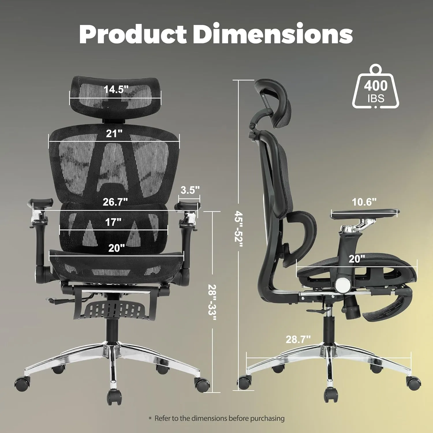 Mesh Ergonomic Office Chair with 6D Armrests,High Back Mesh Gaming Chair with Lumbar Support,Adjustable Seat Depth,3D Headrest,Footrest for Big & Tall(Black)