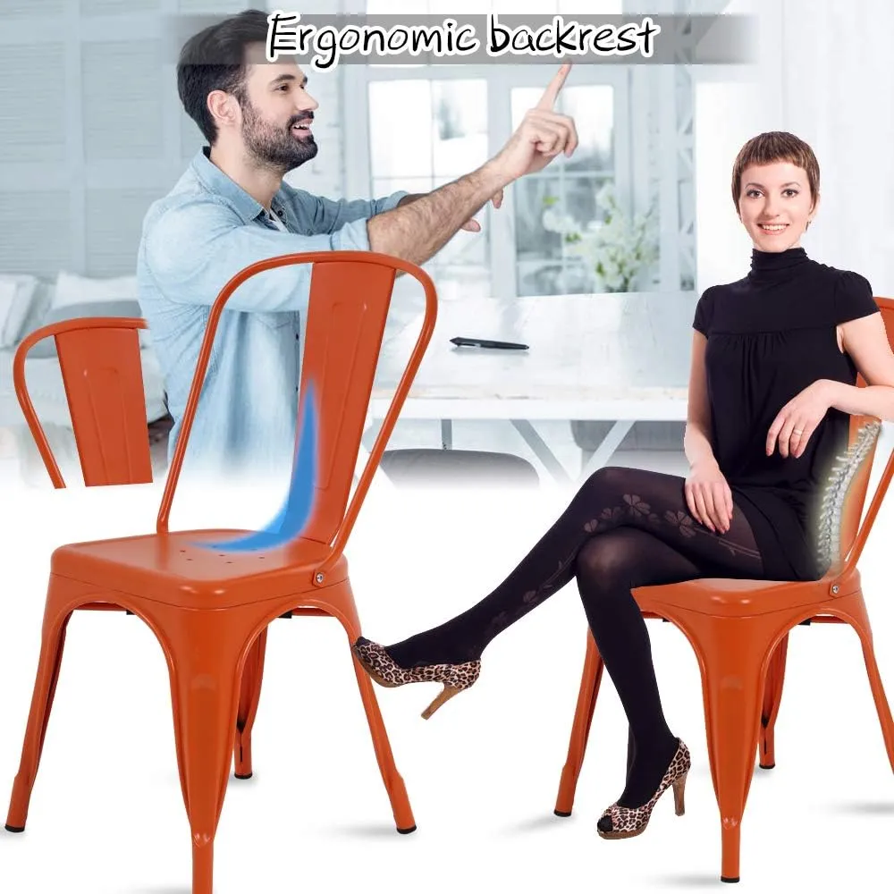 Metal Chairs Set of 4 for Dining Room Metal Bar Stools Metal Stool with Back Trattoria Chairs 18 Inch Seat Width Industrial Chair No Arms Tolix Stool 330LBS Weight Capacity,Orange