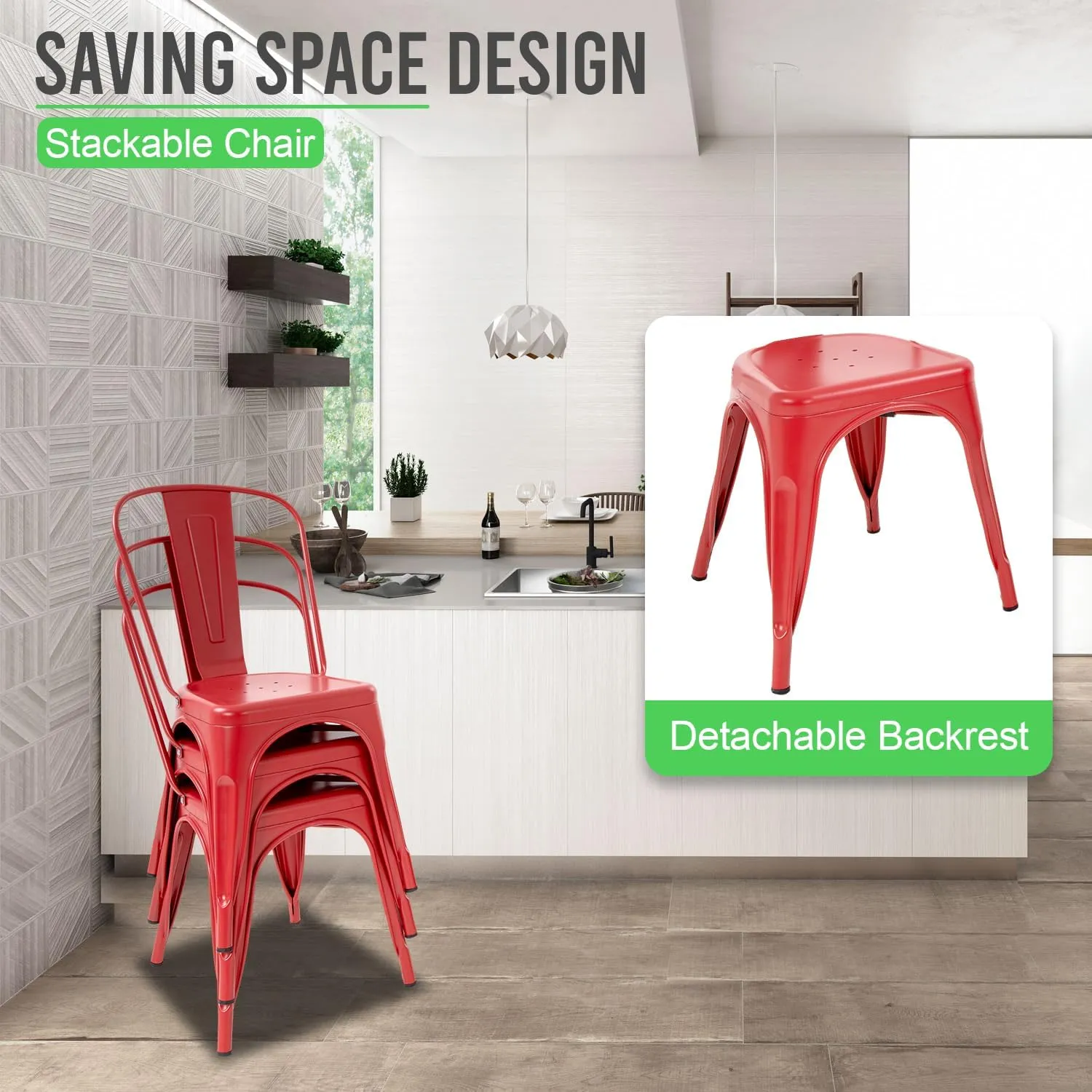 Metal Chairs Set of 4 Stackable Chairs Patio Chairs 18 Inch Classic Iron Metal Dining Chair Indoor-Outdoor Use Chic Dining Bistro Cafe Side Barstool Bar Chair Coffee Chair,Red