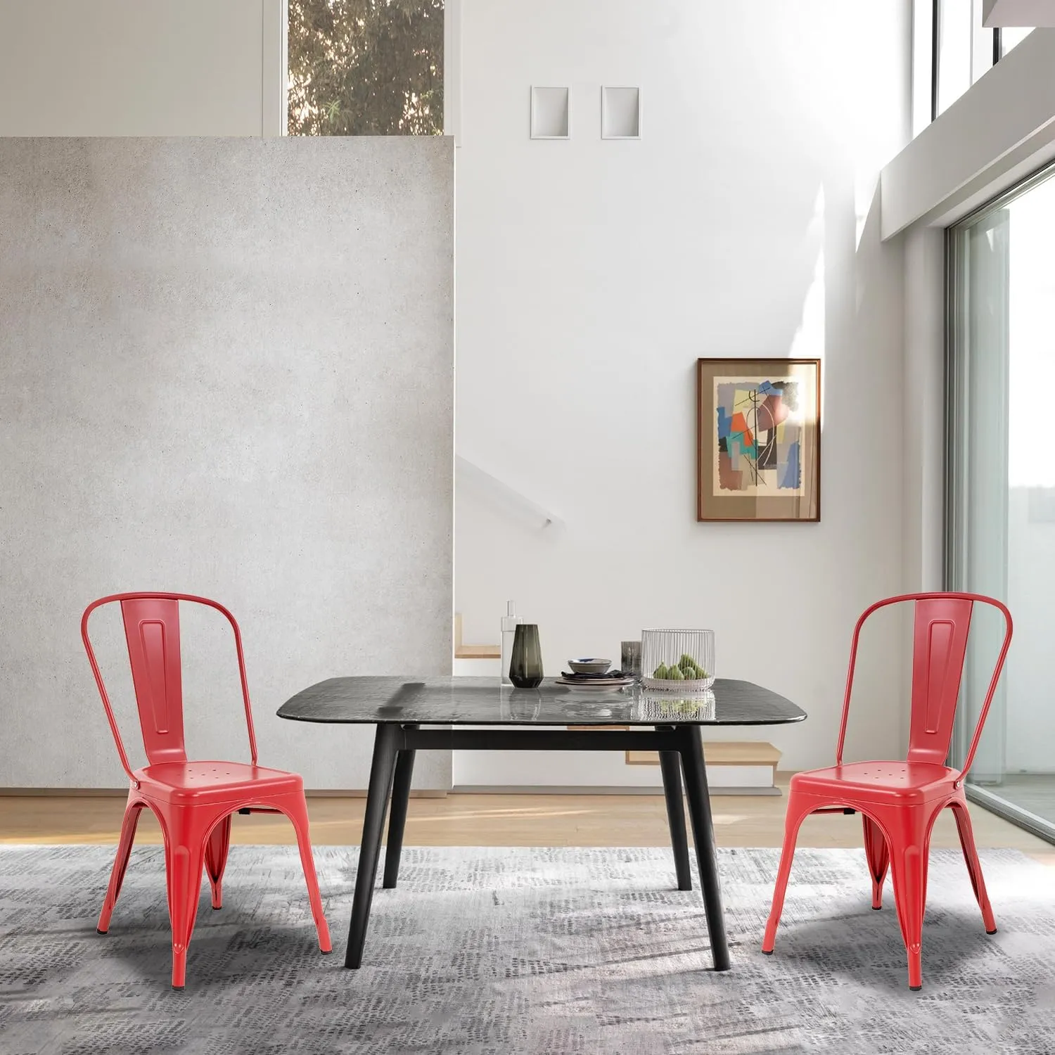 Metal Chairs Set of 4 Stackable Chairs Patio Chairs 18 Inch Classic Iron Metal Dining Chair Indoor-Outdoor Use Chic Dining Bistro Cafe Side Barstool Bar Chair Coffee Chair,Red