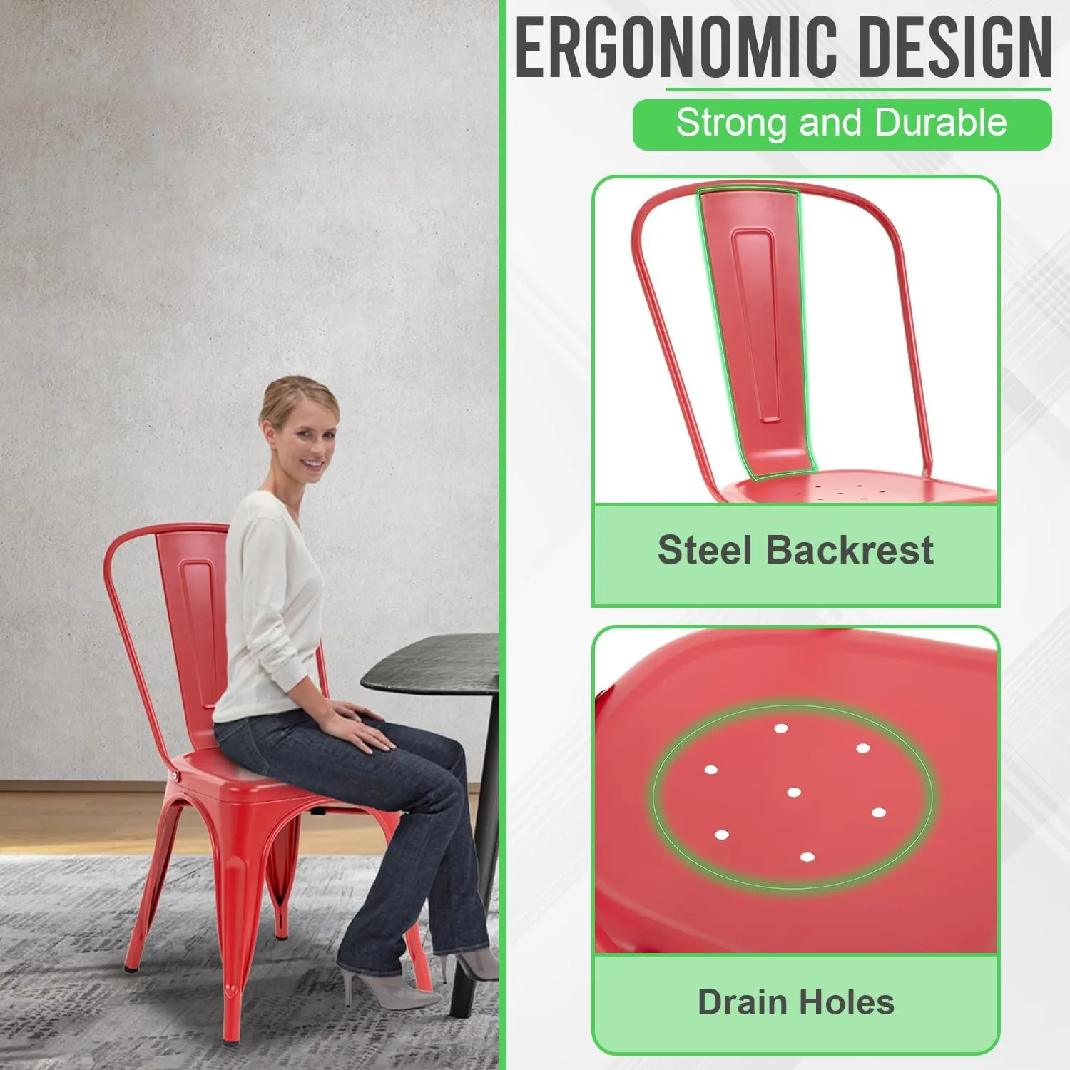 Metal Chairs Set of 4 Stackable Chairs Patio Chairs 18 Inch Classic Iron Metal Dining Chair Indoor-Outdoor Use Chic Dining Bistro Cafe Side Barstool Bar Chair Coffee Chair,Red