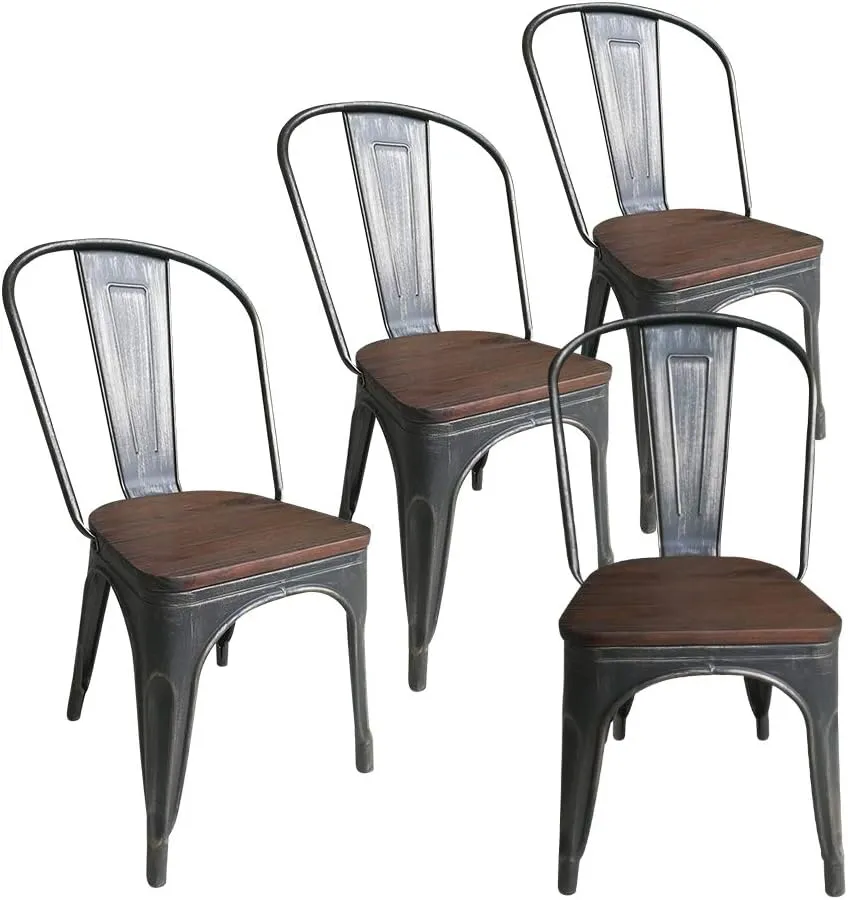 Metal Dining Chairs Set of 4 Farmhouse Stacking Kitchen Side Chairs BlackGold with Wood Seat High Back & Rubber Feet