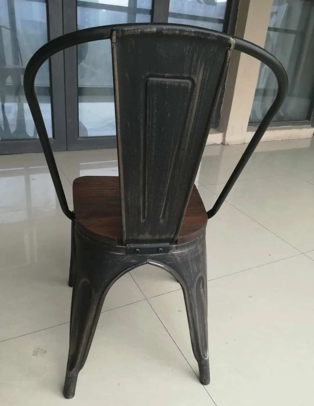 Metal Dining Chairs Set of 4 Farmhouse Stacking Kitchen Side Chairs BlackGold with Wood Seat High Back & Rubber Feet
